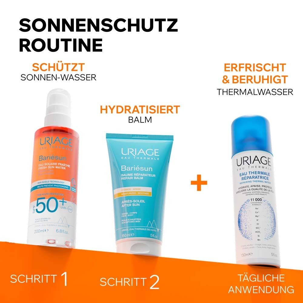 Routine solaire Uriage. Spray solaire, baume après-soleil et eau thermale. Étape 1, 2 et application quotidienne.