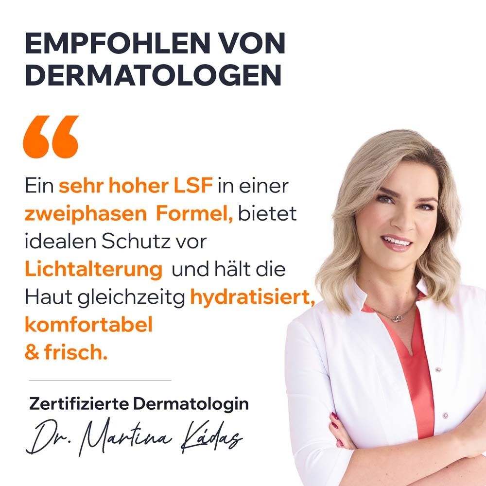 Dermatologue certifiée Dr. Martina Kadas. Recommande Uriage Bariésun. Indice SPF élevé dans une formule biphasée.