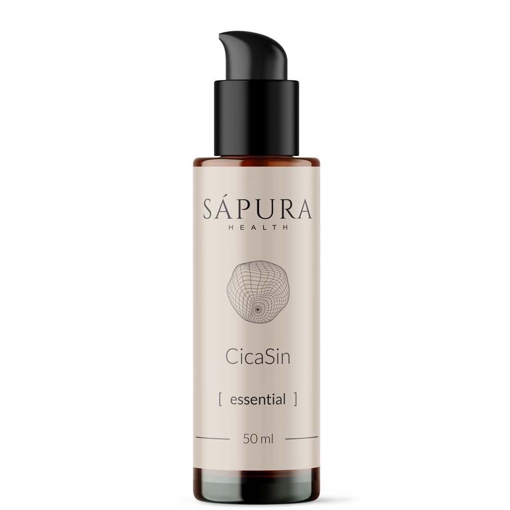 Flacon marron avec pompe noire. Inscription : SAPURA HEALTH, CicaSin [essential], 50 ml.