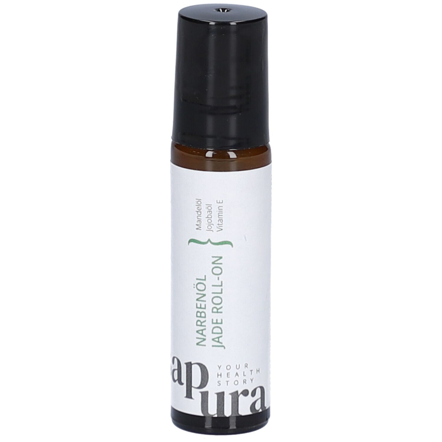 Roll-on-Flasche mit schwarzem Deckel. Aufschrift: Narbenöl Jade Roll-on. Enthält Mandelöl, Jojobaöl, Vitamin E. Marke: sapura.