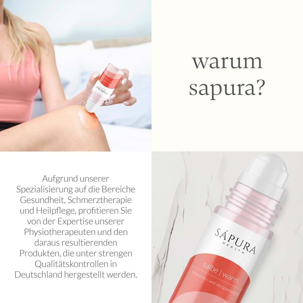 Roll-on-Flasche mit weißem Deckel. Aufschrift: SÁPURA, Wärmesalbe. Text: HotFlux, Arnika, Wintergrün.