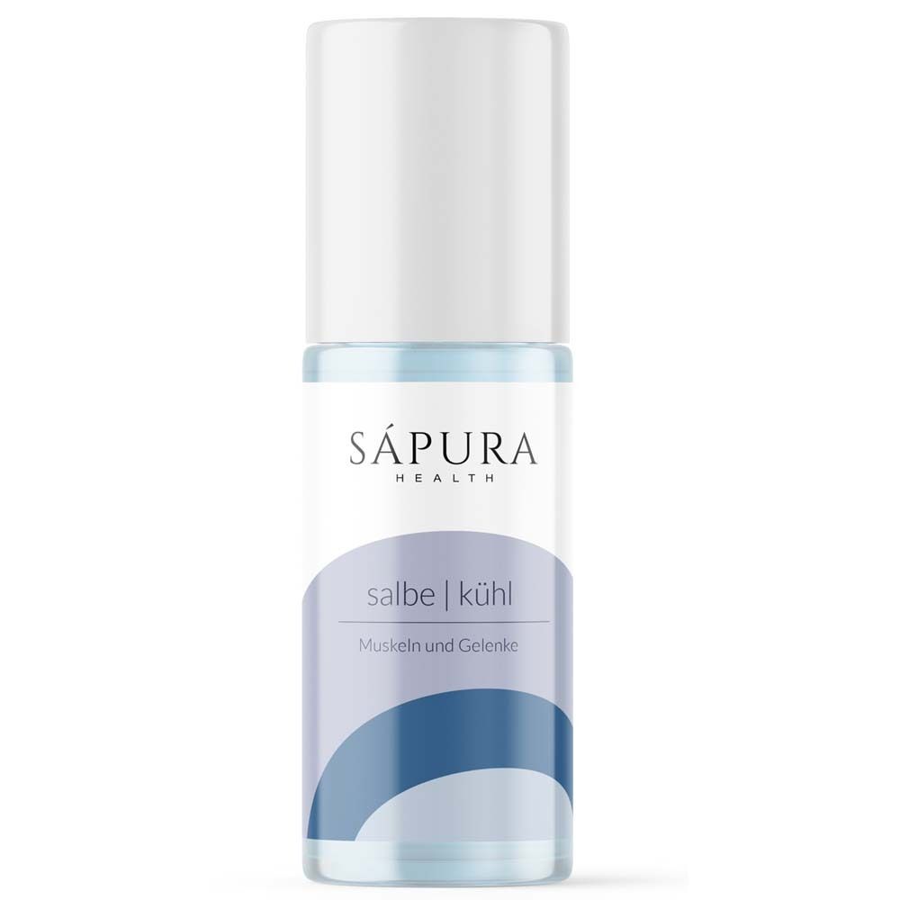 SÁPURA HEALTH Kühlgel Roll-On. Weißer Deckel, transparente Flasche mit blauer Flüssigkeit. Aufschrift: salbe | kühl.