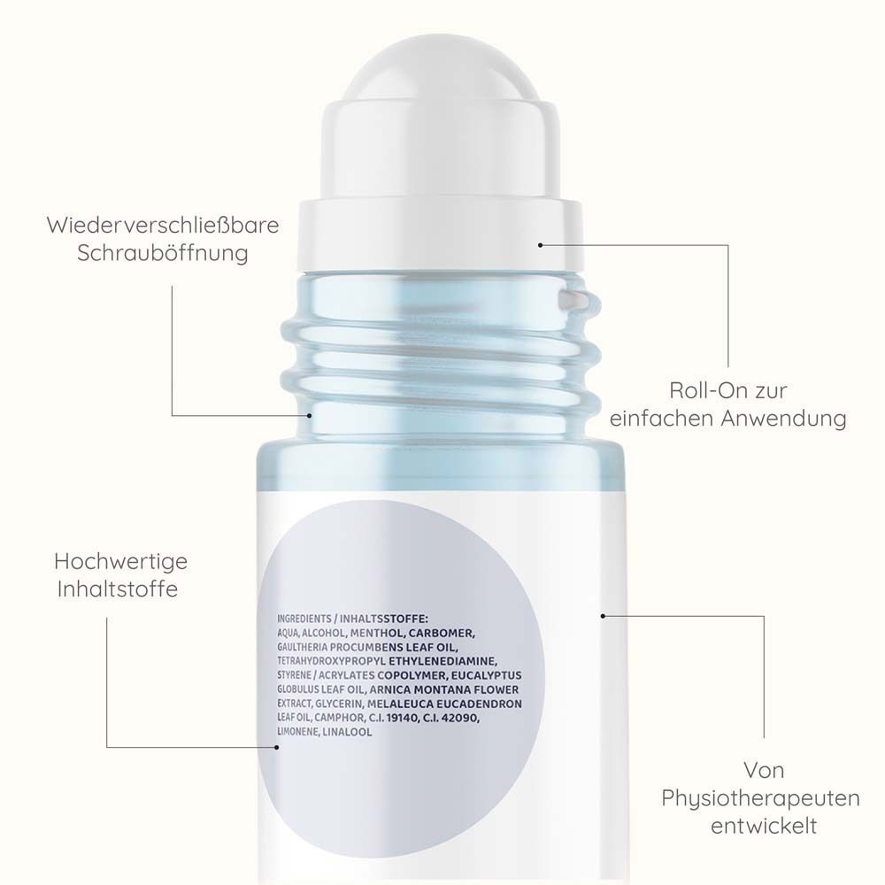 SÁPURA HEALTH Kühlgel Roll-On. Weißer Deckel, transparente Flasche mit blauer Flüssigkeit. Aufschrift: salbe | kühl.