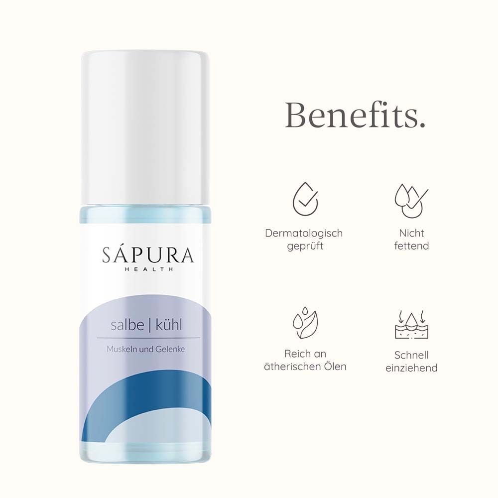 SÁPURA HEALTH Kühlgel Roll-On. Weißer Deckel, transparente Flasche mit blauer Flüssigkeit. Aufschrift: salbe | kühl.