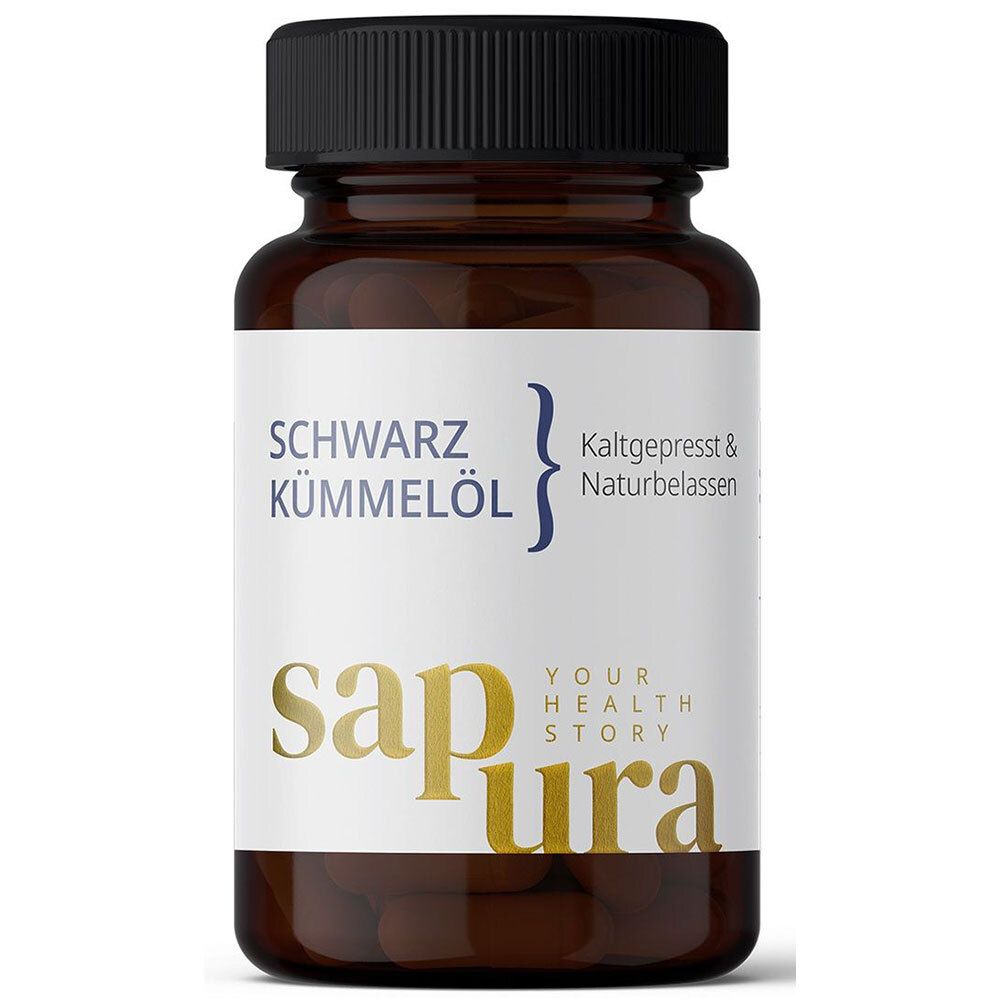 Capsules brunes dans un flacon en verre brun avec un couvercle noir. Inscription: SAPURA Schwarzkümmelöl Kapseln.