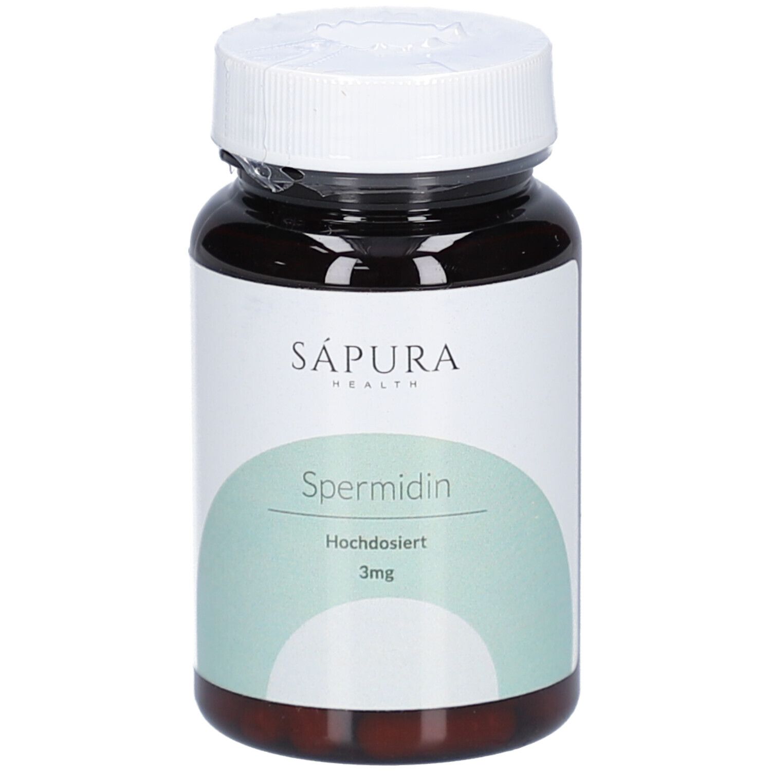 Braune Flasche mit weißem Deckel. Etikett mit "SAPURA", "Spermidin", "3mg".