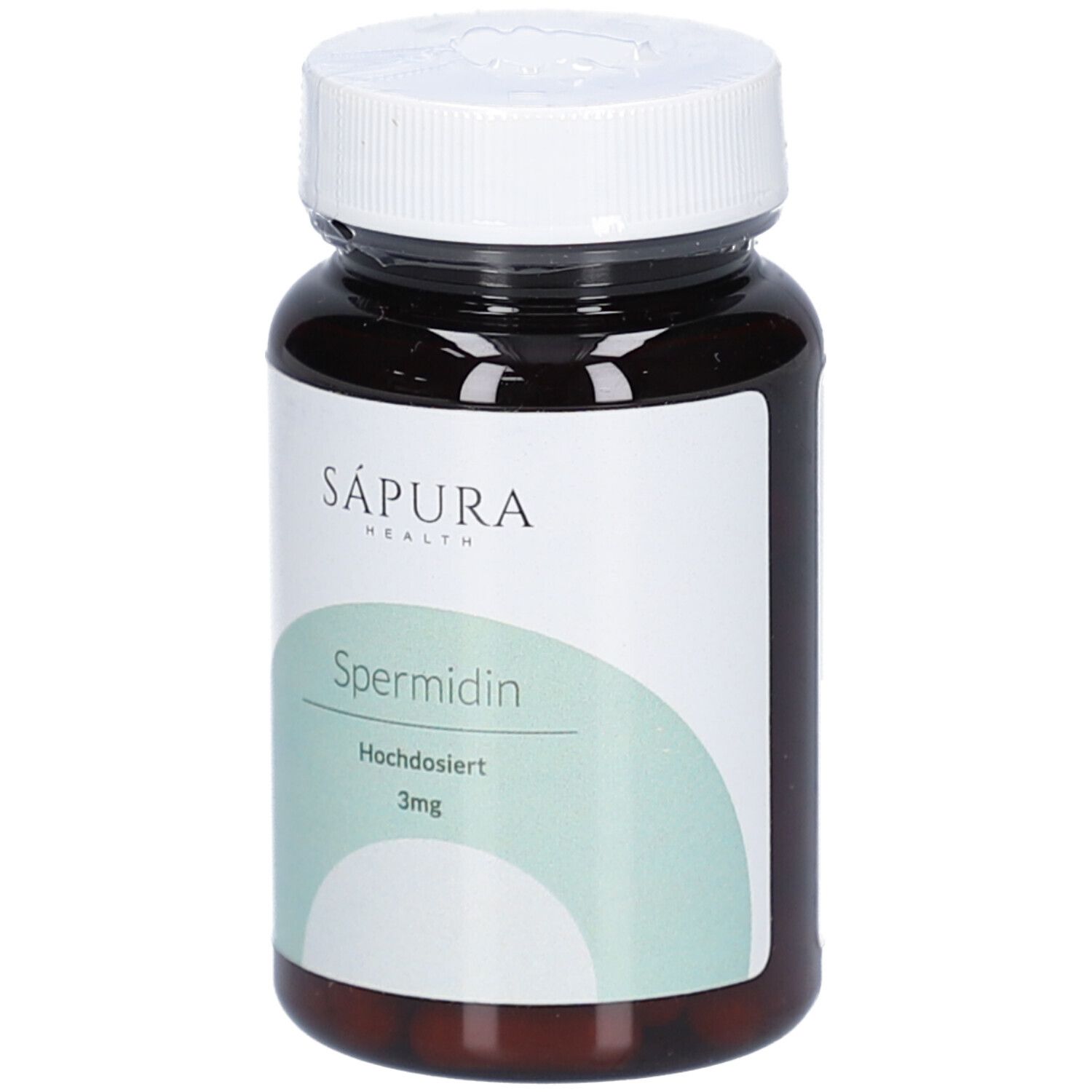 Braune Flasche mit weißem Deckel. Etikett mit "SAPURA", "Spermidin", "3mg".