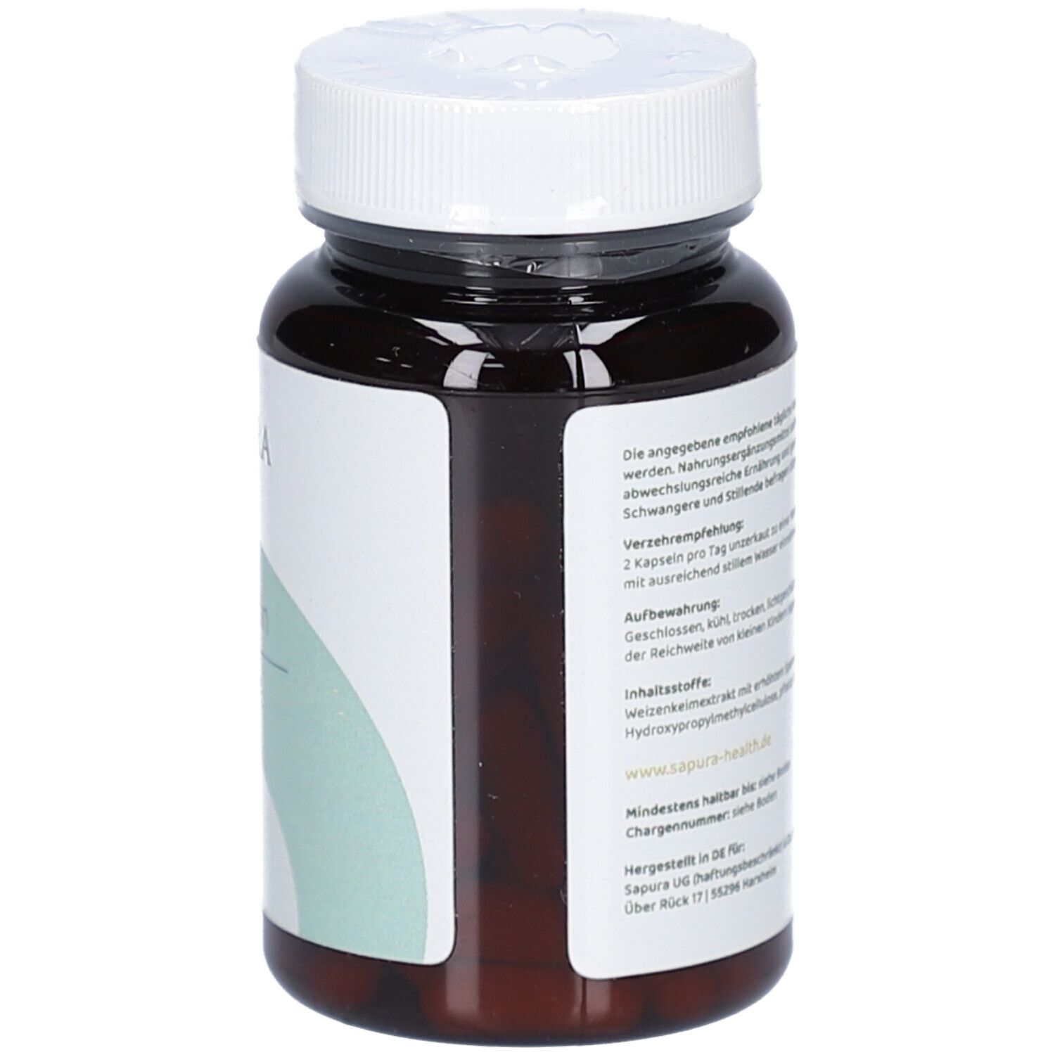 Braune Flasche, Rückseite. Etikett mit Text, Inhaltsstoffe und Herstellerangaben.