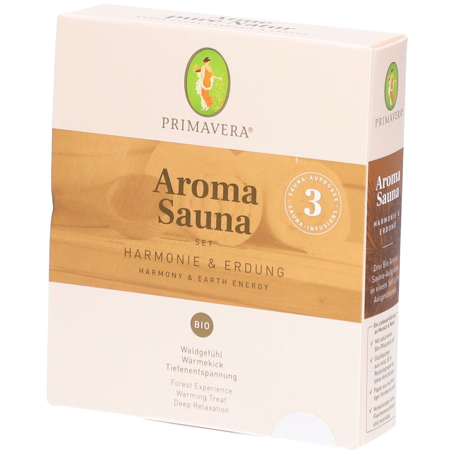 Karton PRIMAVERA® Aroma Sauna Set. Aufschrift: Aroma Sauna Set Harmonie & Erdung. Bio-Siegel. 3 Aufgüsse.
