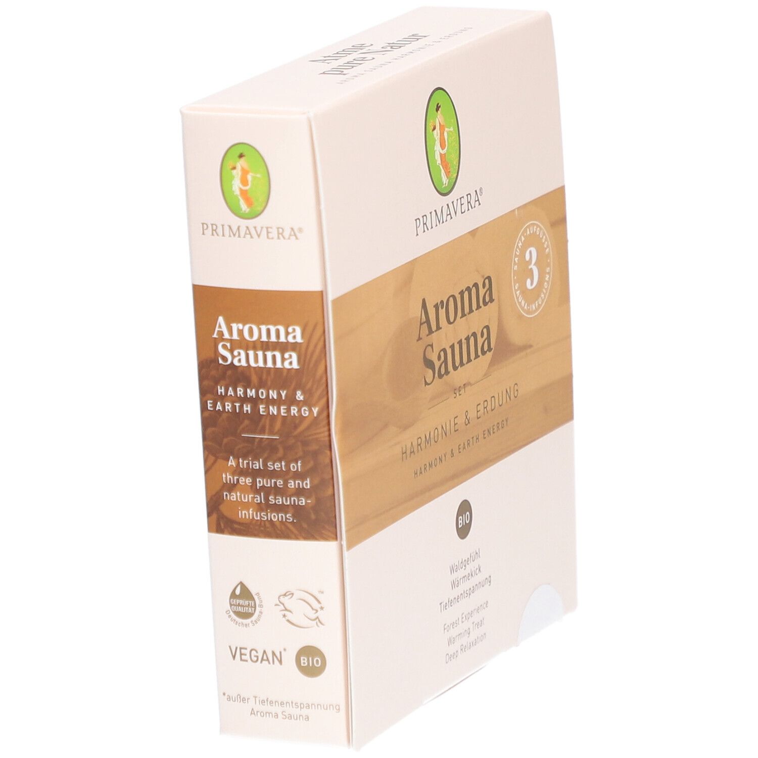 Karton PRIMAVERA® Aroma Sauna Set. Aufschrift: Aroma Sauna Set Harmonie & Erdung. Bio-Siegel. Vegan-Siegel.