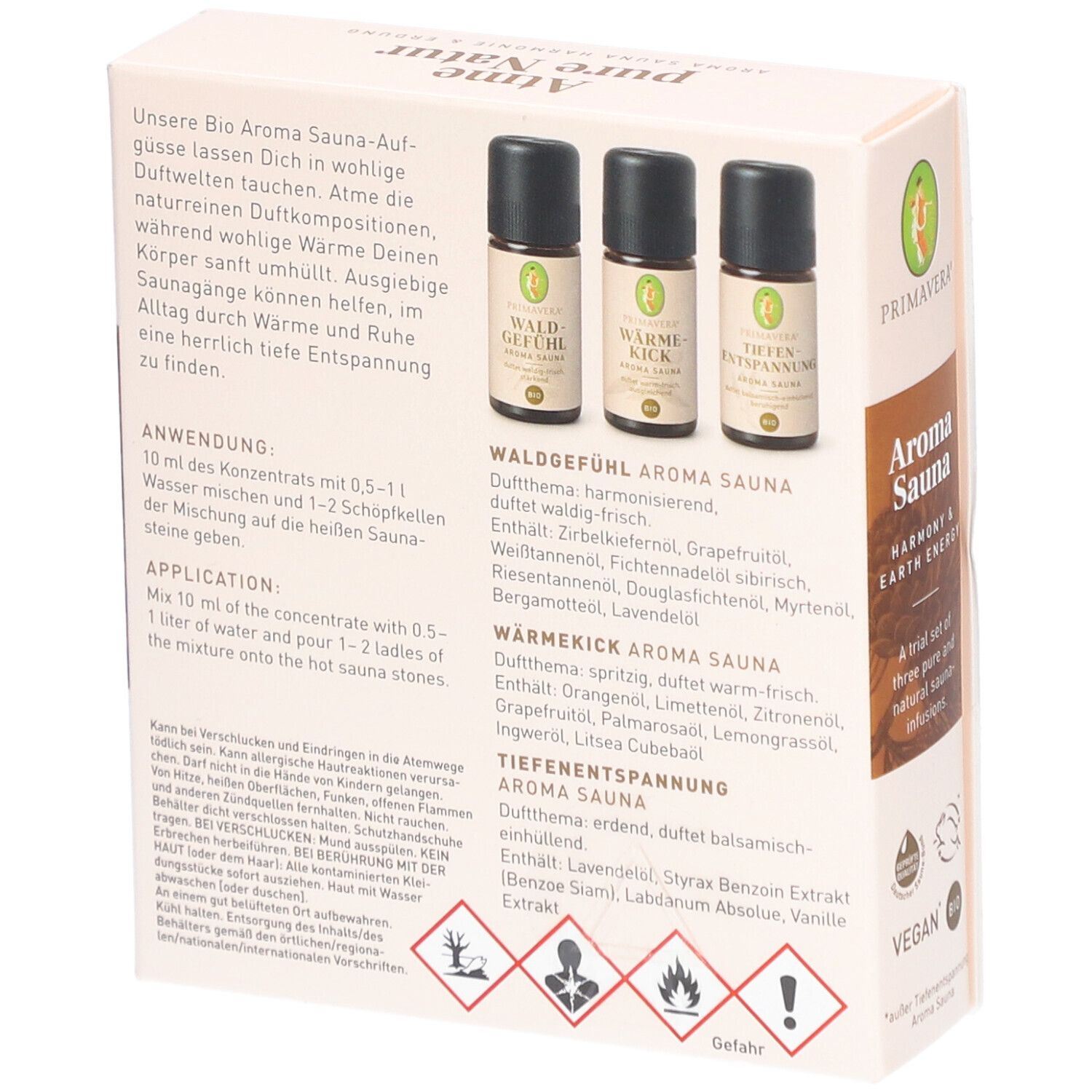 Rückseite der PRIMAVERA® Aroma Sauna Set Verpackung. Text: Anwendung, Inhaltsstoffe. 3 kleine Flaschen mit Aufschrift.