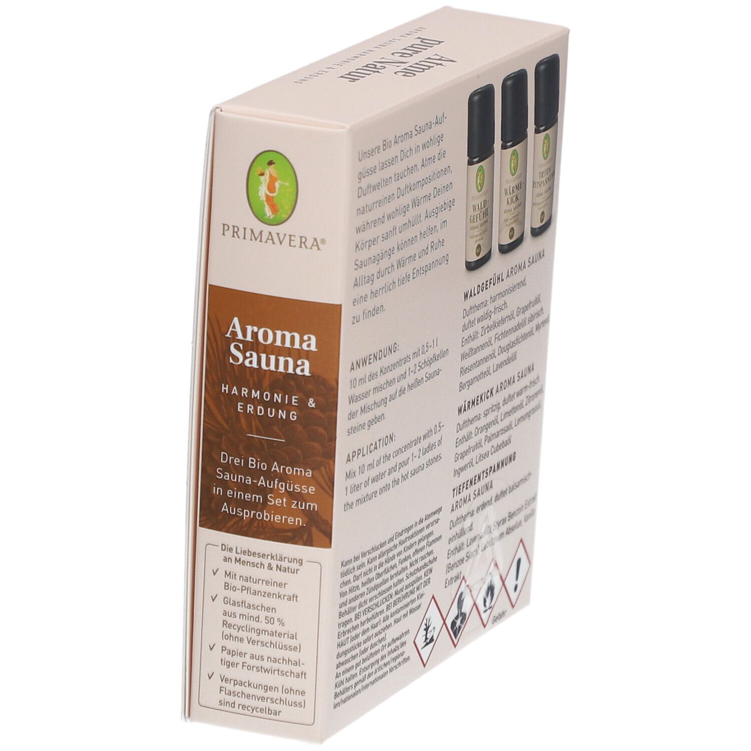 PRIMAVERA® Aroma Sauna Set Verpackung. Text: Drei Bio Aroma Sauna-Aufgüsse. 3 kleine Flaschen. Gefahrensymbole.