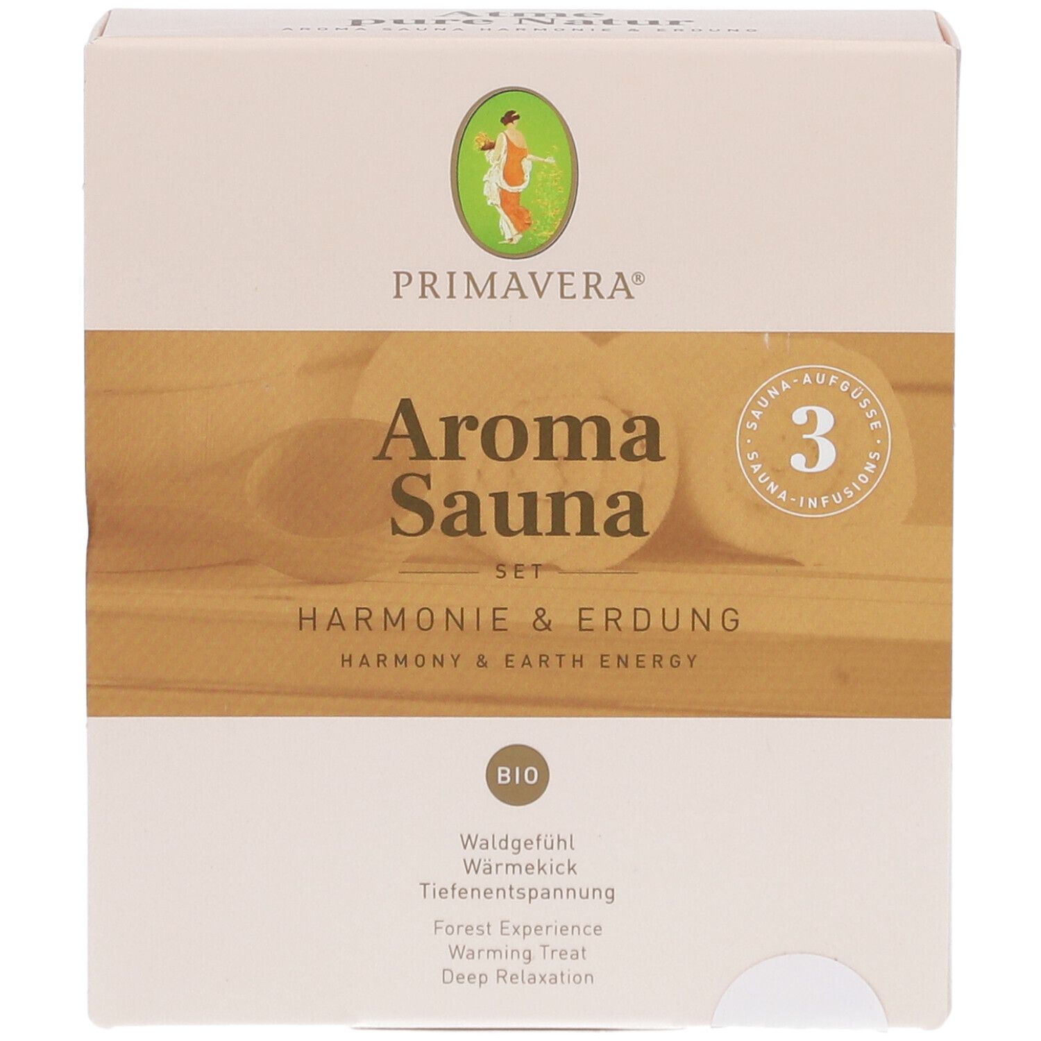 Karton PRIMAVERA® Aroma Sauna Set. Aufschrift: Aroma Sauna Set Harmonie & Erdung. Bio-Siegel. 3 Aufgüsse.