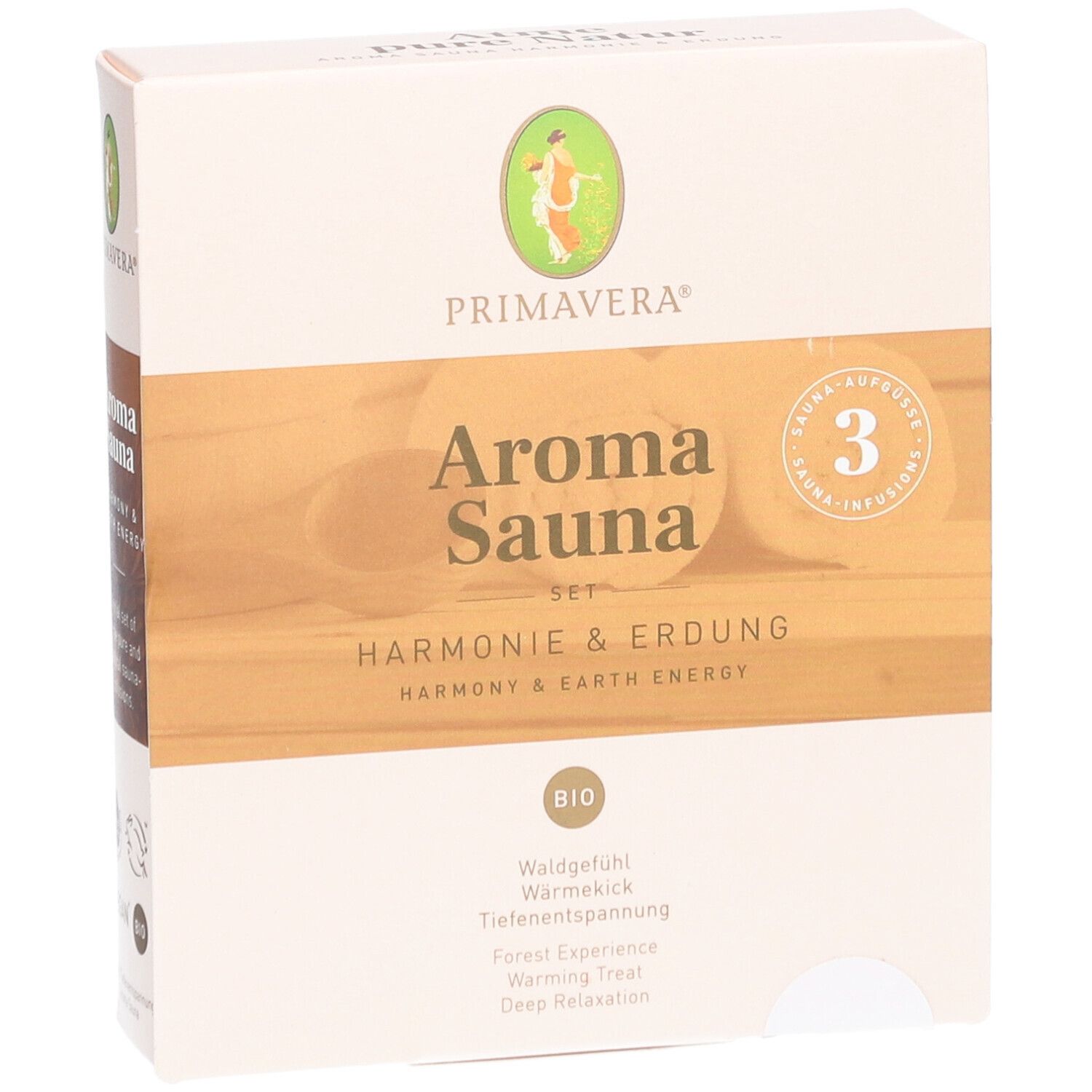 Karton PRIMAVERA® Aroma Sauna Set. Aufschrift: Aroma Sauna Set Harmonie & Erdung. Bio-Siegel. 3 Aufgüsse.