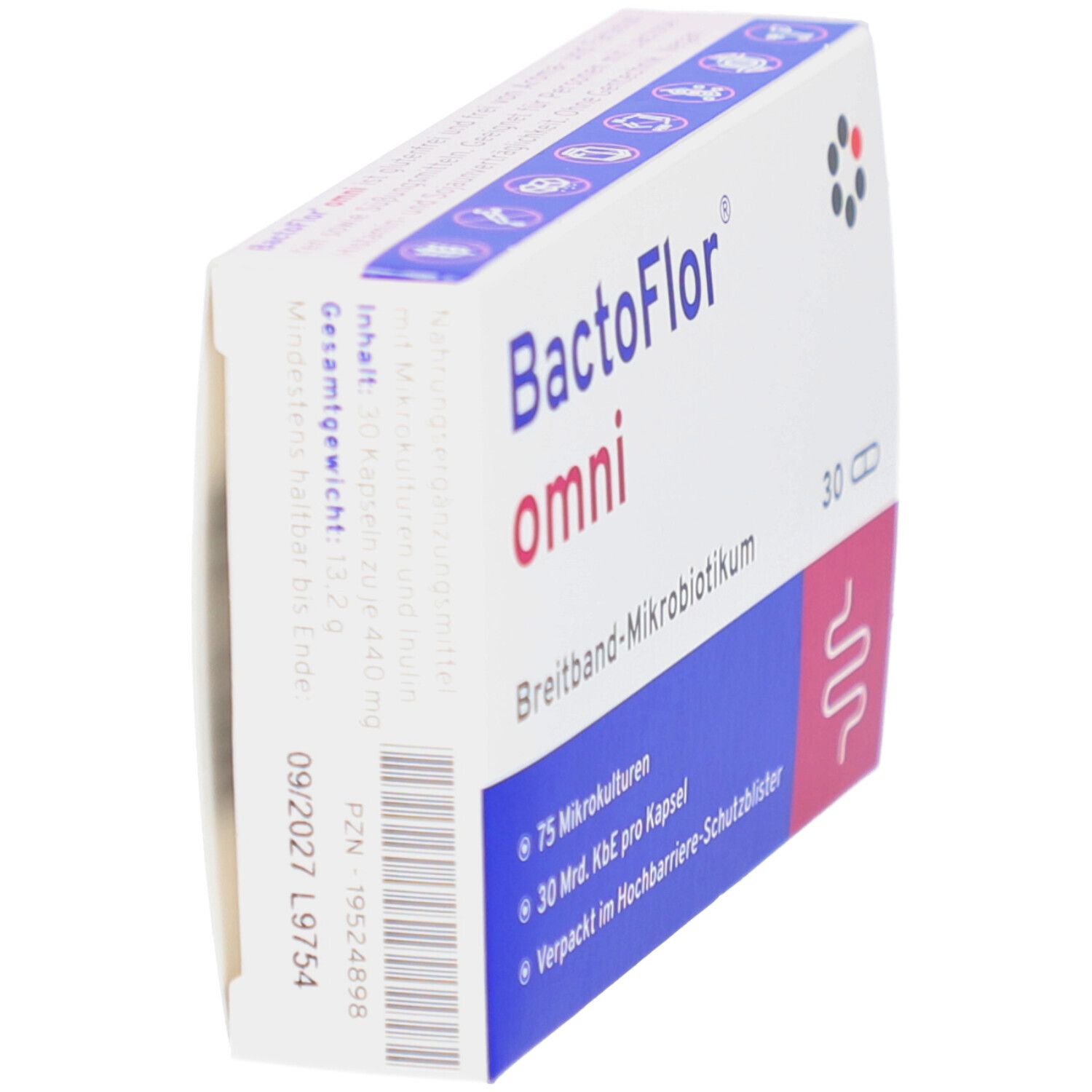 Rückseite der BactoFlor® omni Packung mit 30 Kapseln, Nährwertangaben und PZN.