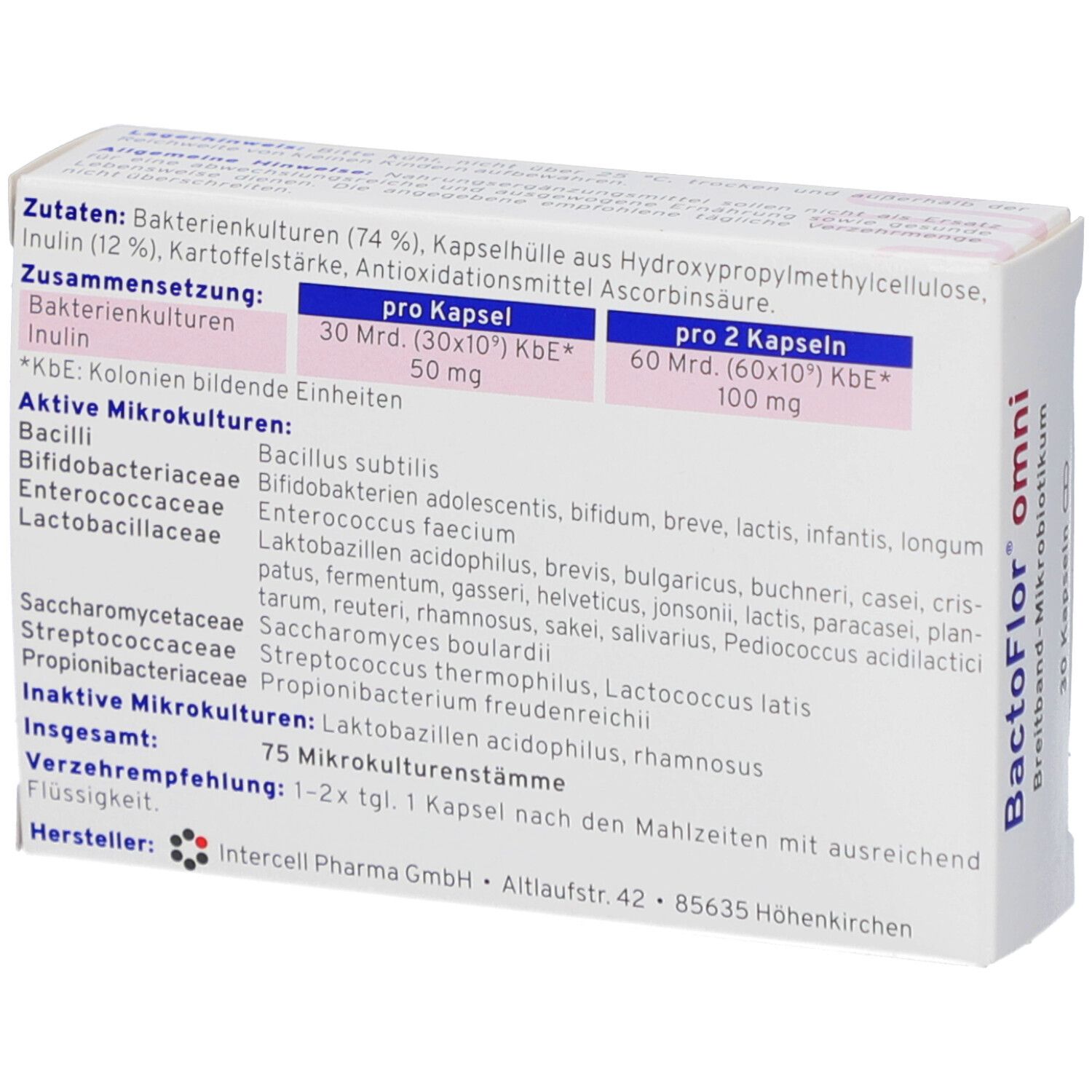 Geöffnete BactoFlor® omni Packung mit detaillierten Inhaltsstoffen und Dosierungsempfehlungen.