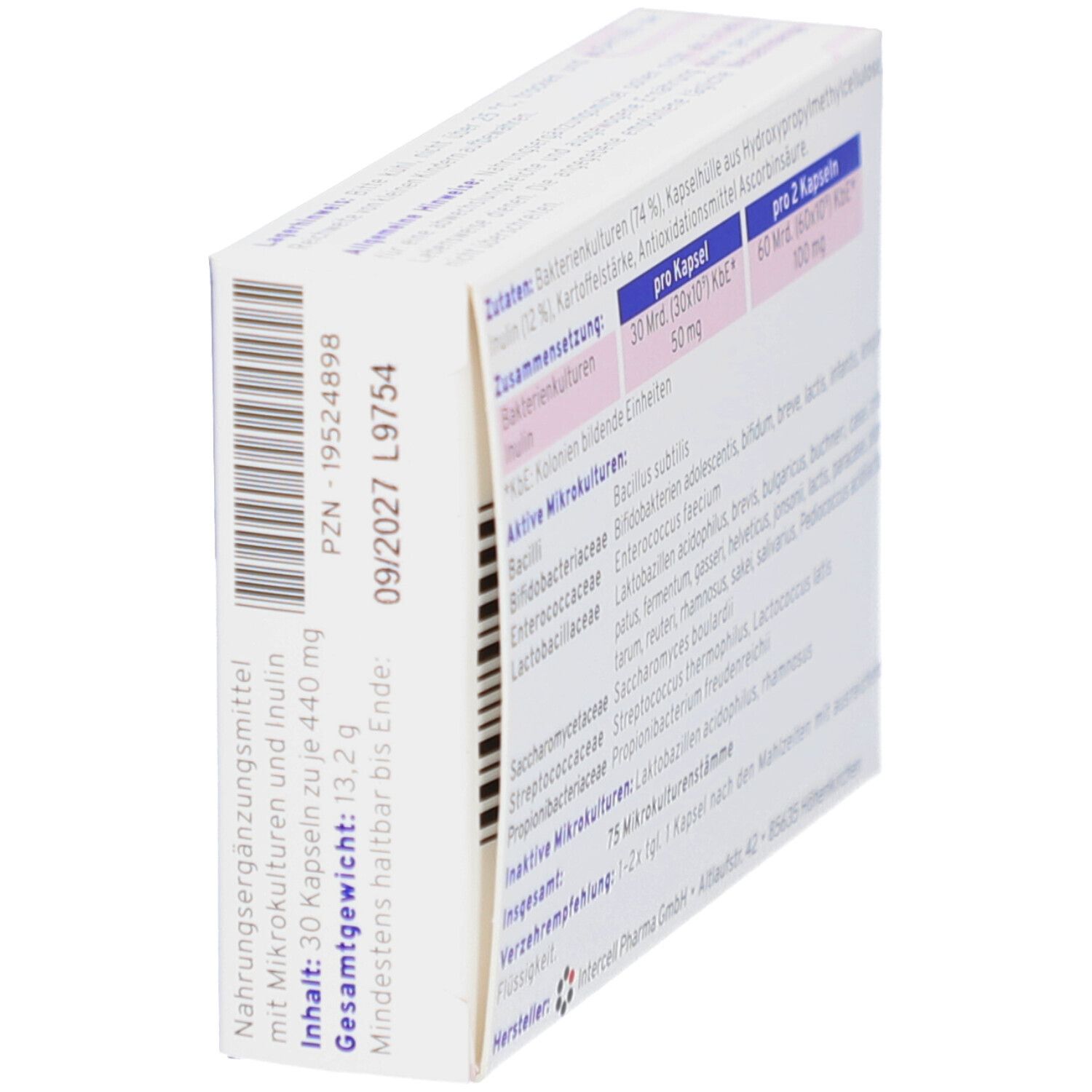 Seitenansicht der BactoFlor® omni Packung mit 30 Kapseln, Nährwertangaben und Haltbarkeitsdatum.
