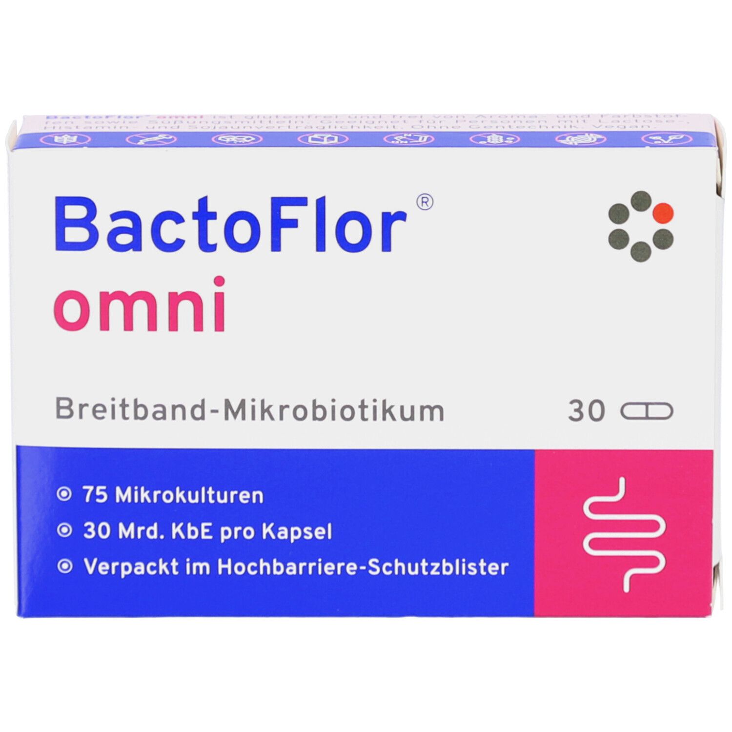 Vorderseite der BactoFlor® omni Packung mit 30 Kapseln, Breitband-Mikrobiotikum.