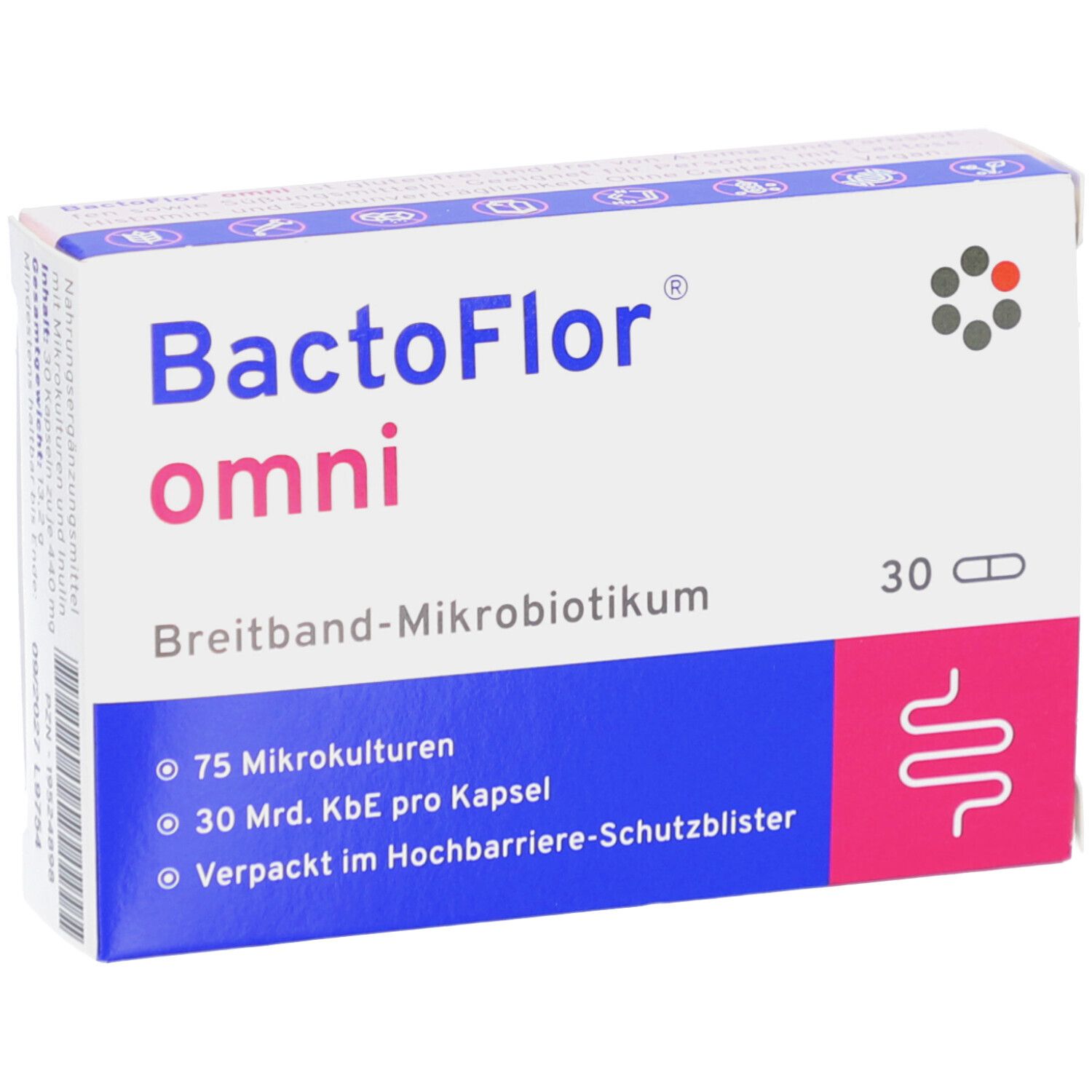 BactoFlor® omni Packung mit 30 Kapseln, Breitband-Mikrobiotikum und Darm-Symbol.