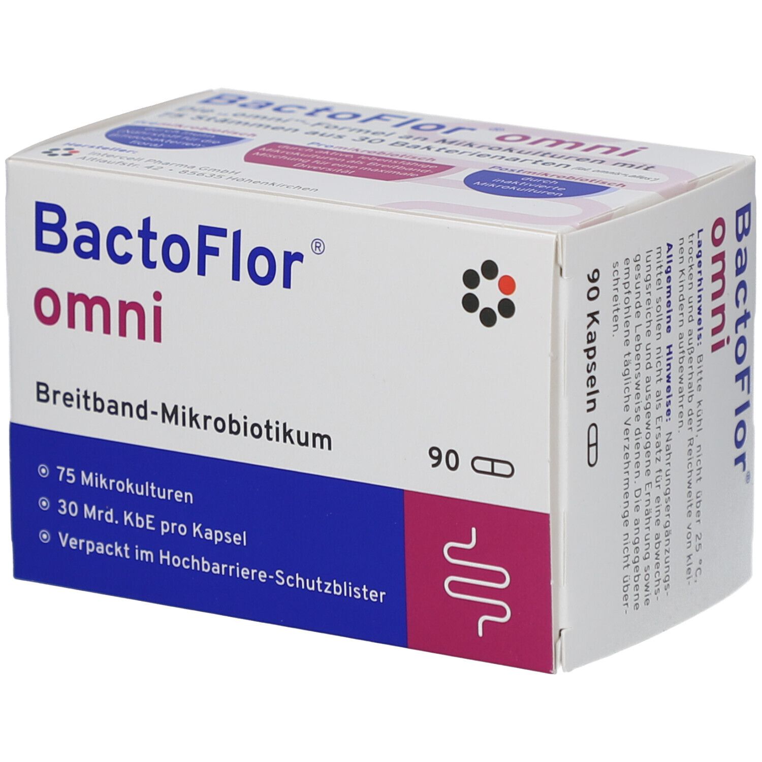 Boîte de BactoFlor omni Hartkapseln. Blanc, bleu et rose. 90 gélules. Texte : Breitband-Mikrobiotikum, 75 microcultures, 30 Mrd. KBE par gélule.