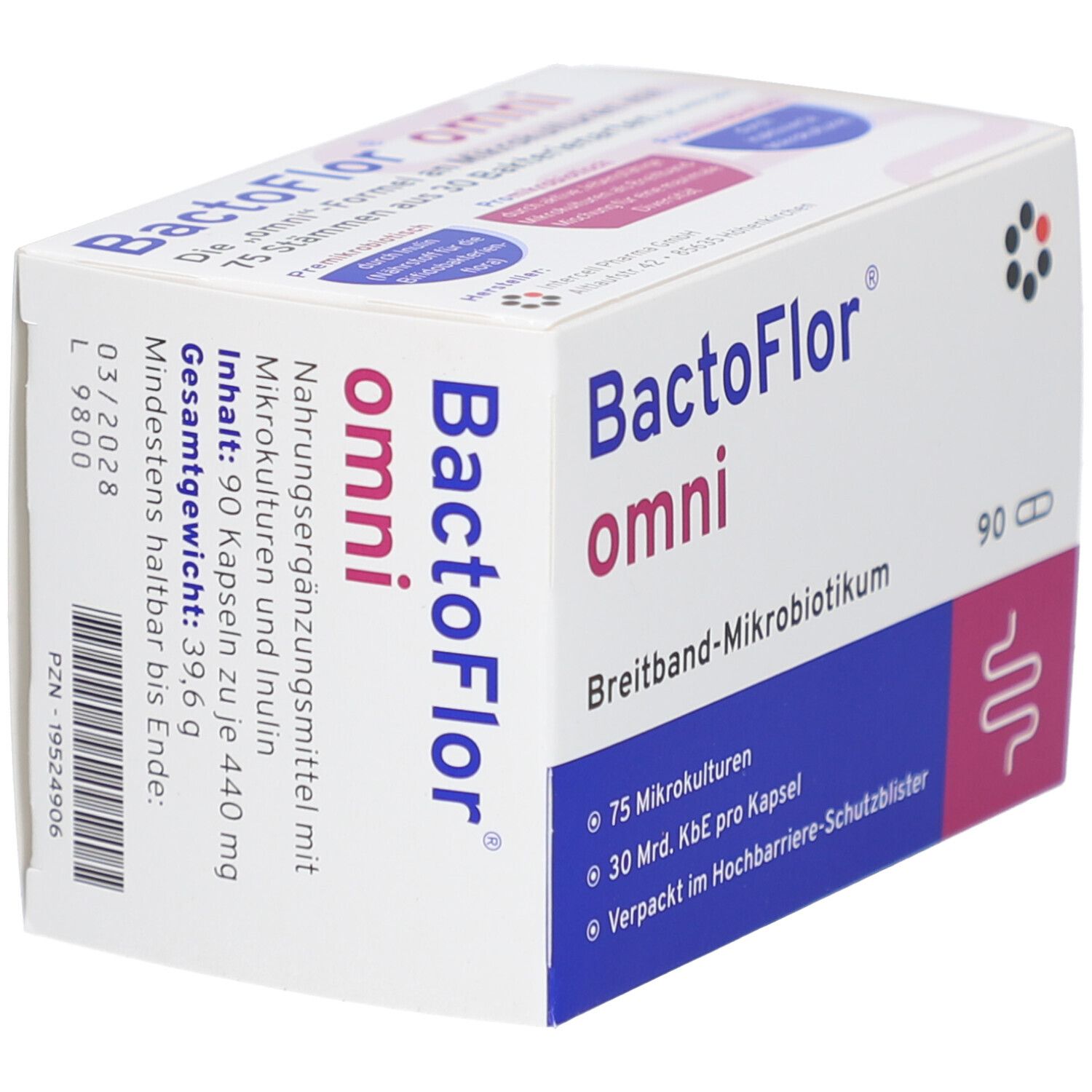 Boîte de BactoFlor omni Hartkapseln. Blanc, bleu et rose. 90 gélules. Texte : Breitband-Mikrobiotikum, 75 microcultures, 30 Mrd. KBE par gélule.