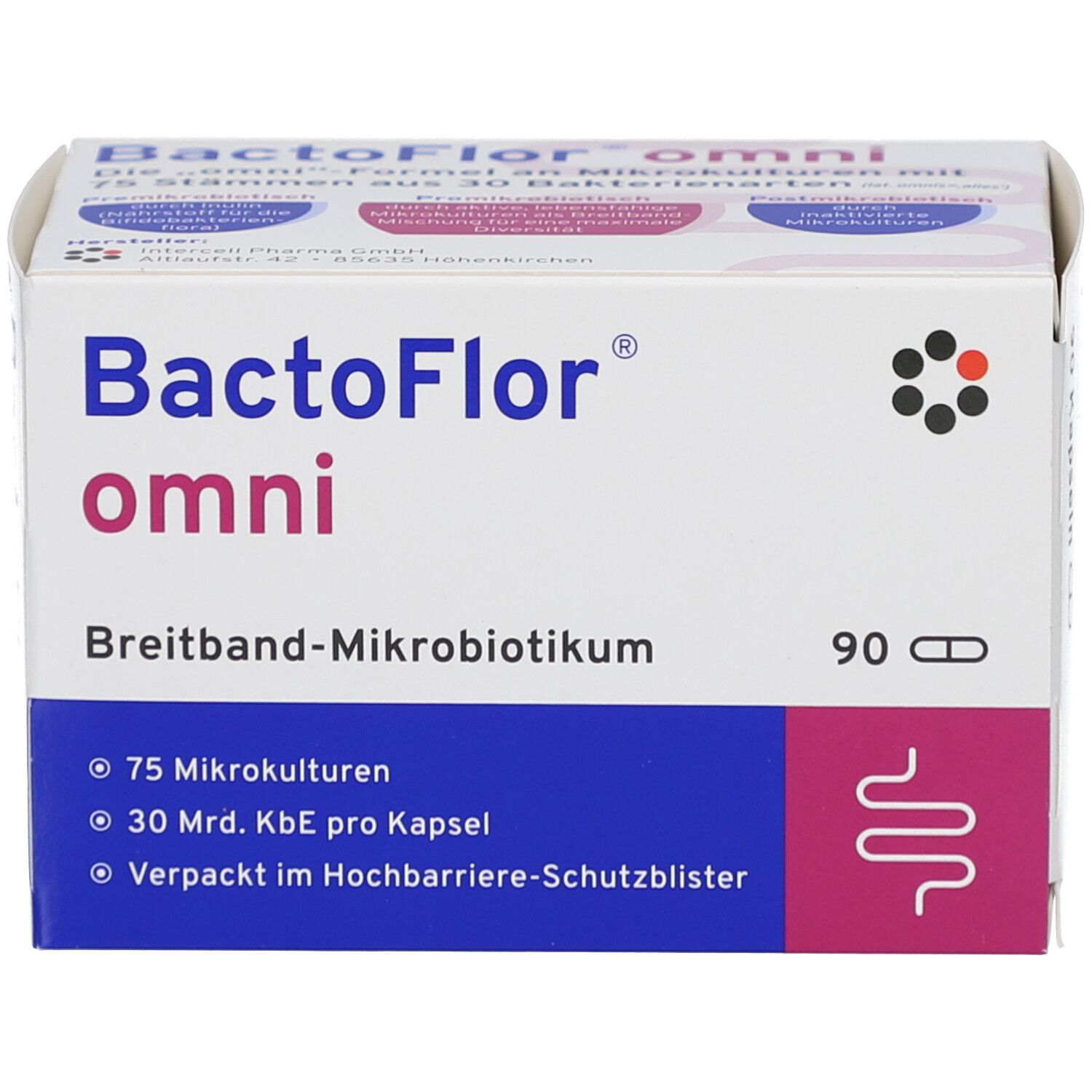 Boîte de BactoFlor omni Hartkapseln. Blanc, bleu et rose. 90 gélules. Texte : Breitband-Mikrobiotikum, 75 microcultures, 30 Mrd. KBE par gélule.