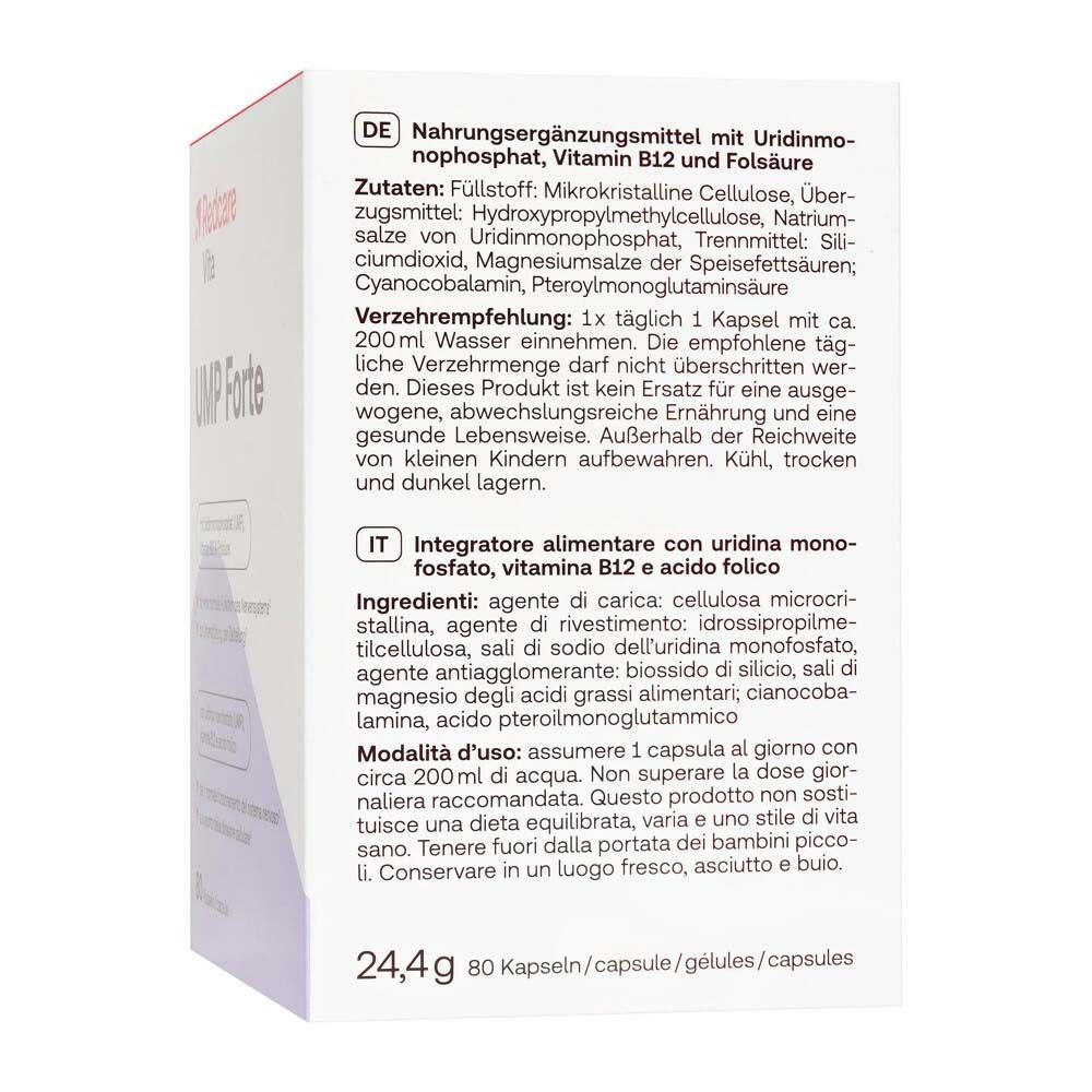 Rückseite der Redcare Vita UMP Forte Packung. Enthält Informationen zu Inhaltsstoffen und Anwendung.