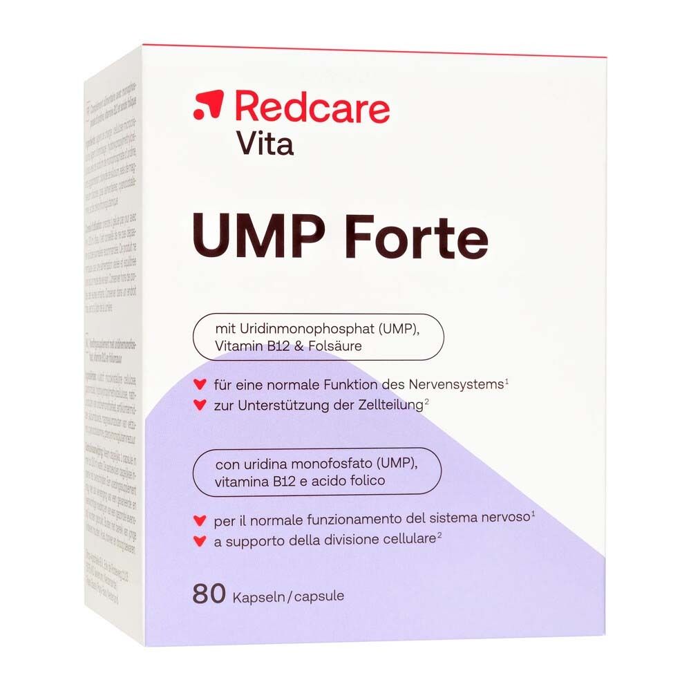 Redcare Vita UMP Forte Packung. Enthält 80 Kapseln. Enthält Uridinmonophosphat, Vitamin B12 und Folsäure.
