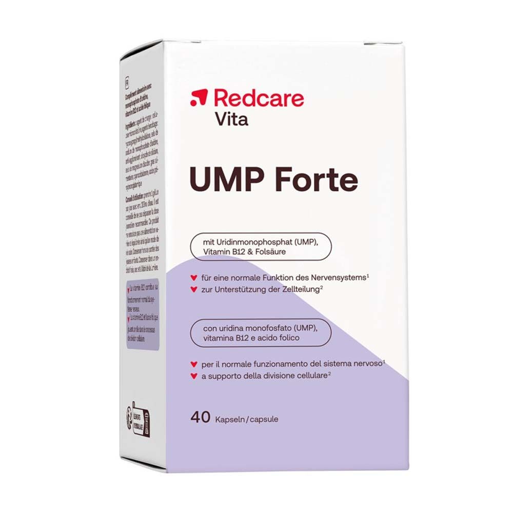 Redcare Vita UMP Forte. Schachtel mit 40 Kapseln. Enthält UMP, Vitamin B12 und Folsäure. Für Nervenfunktion und Zellteilung.
