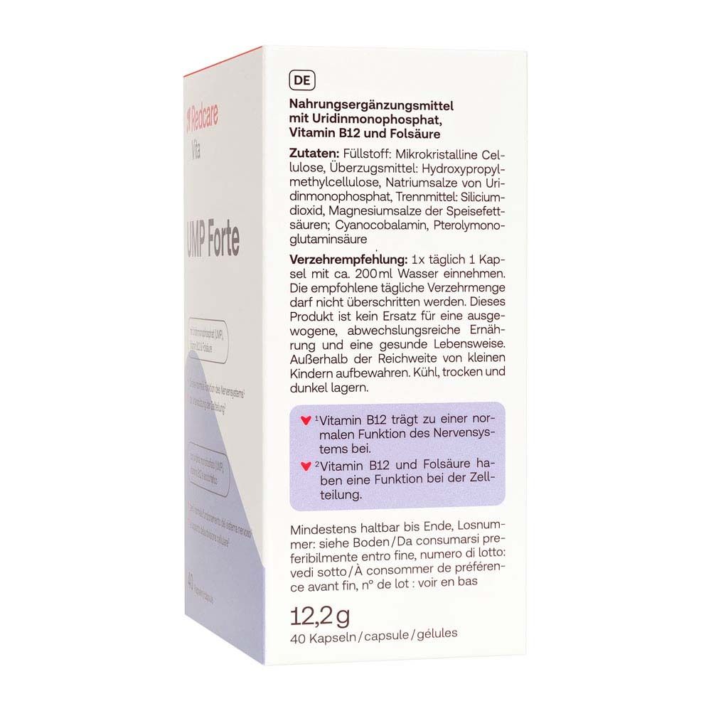 Rückseite der Schachtel Redcare Vita UMP Forte. Enthält Inhaltsstoffe, Dosierung und Warnhinweise.