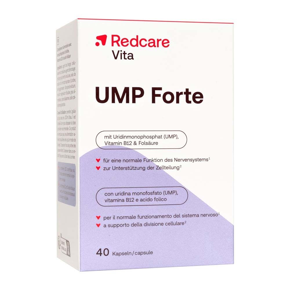 Schachtel mit Redcare Vita UMP Forte. Enthält UMP, Vitamin B12 und Folsäure. 40 Kapseln.