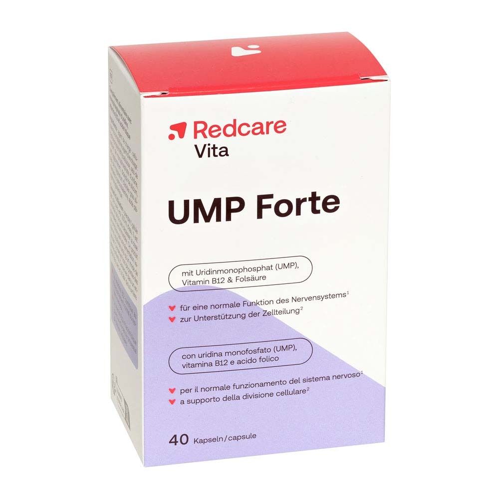 Schachtel mit Redcare Vita UMP Forte. Enthält UMP, Vitamin B12 und Folsäure. 40 Kapseln.