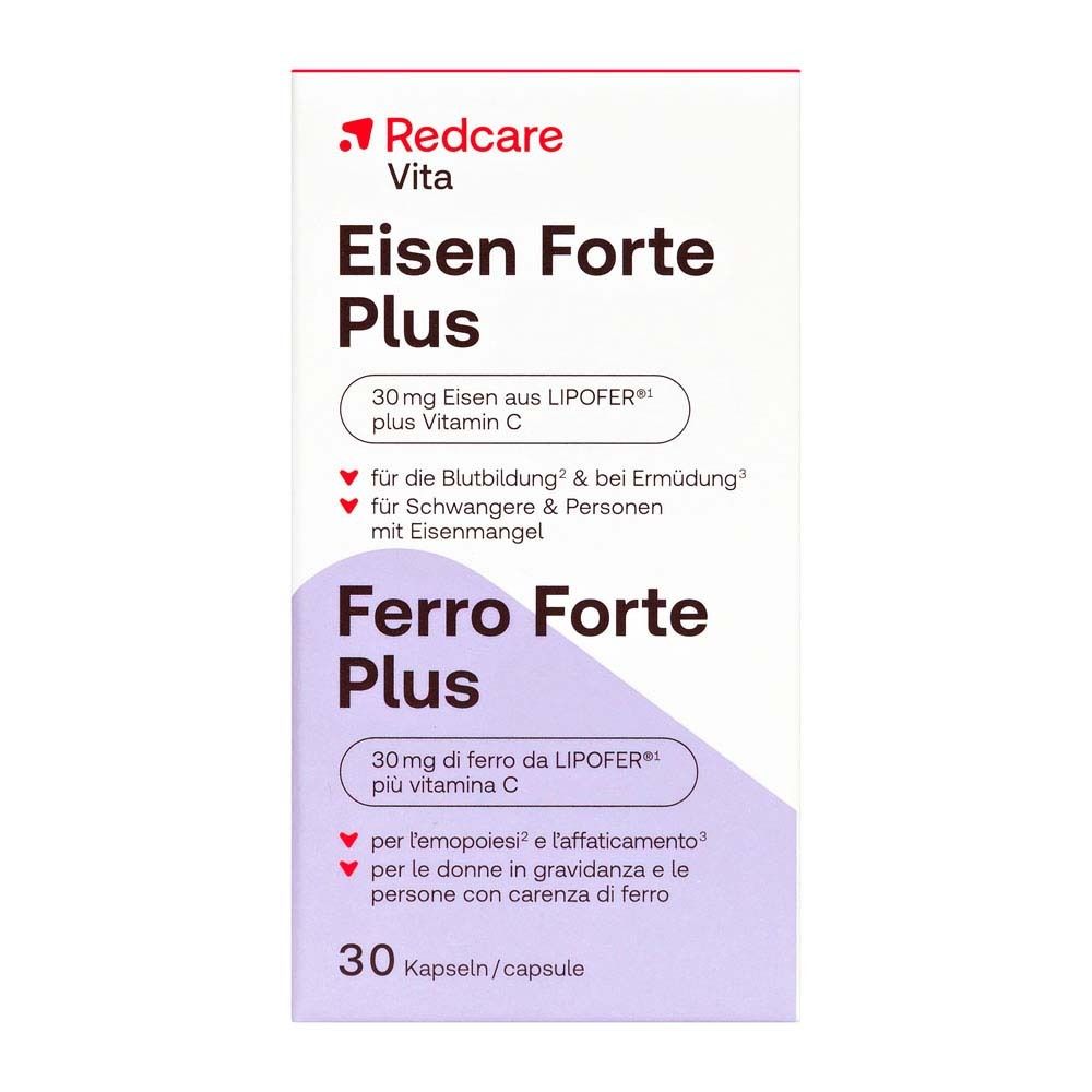 Packung Redcare Eisen Forte Plus. Enthält 30 Kapseln. Aufschrift: 30mg Eisen plus Vitamin C.