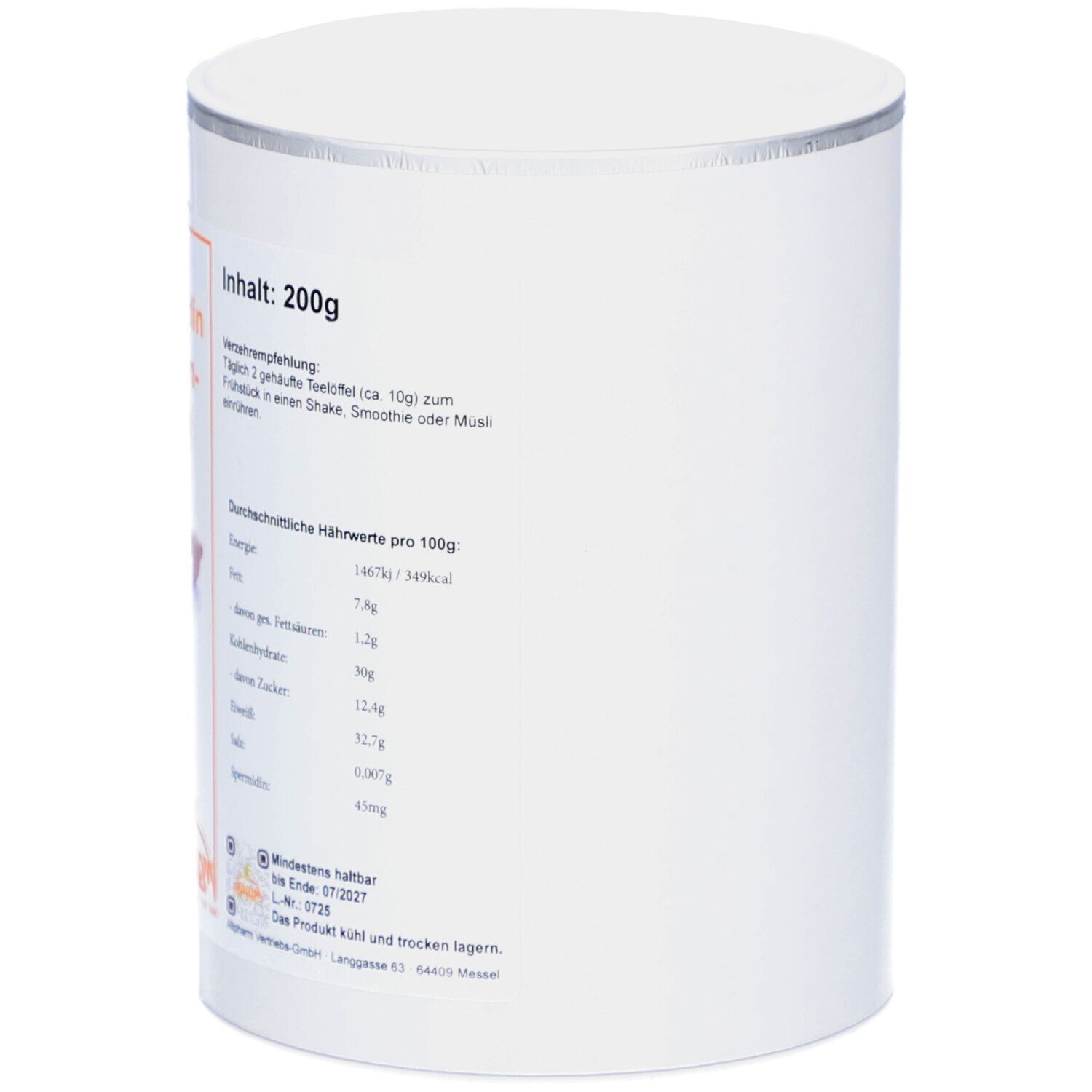 Weißer Zylinderbehälter mit silbernem Deckel. Inhalt: 200g. Nährwertangaben. Mindestens haltbar bis Ende 07.2021.