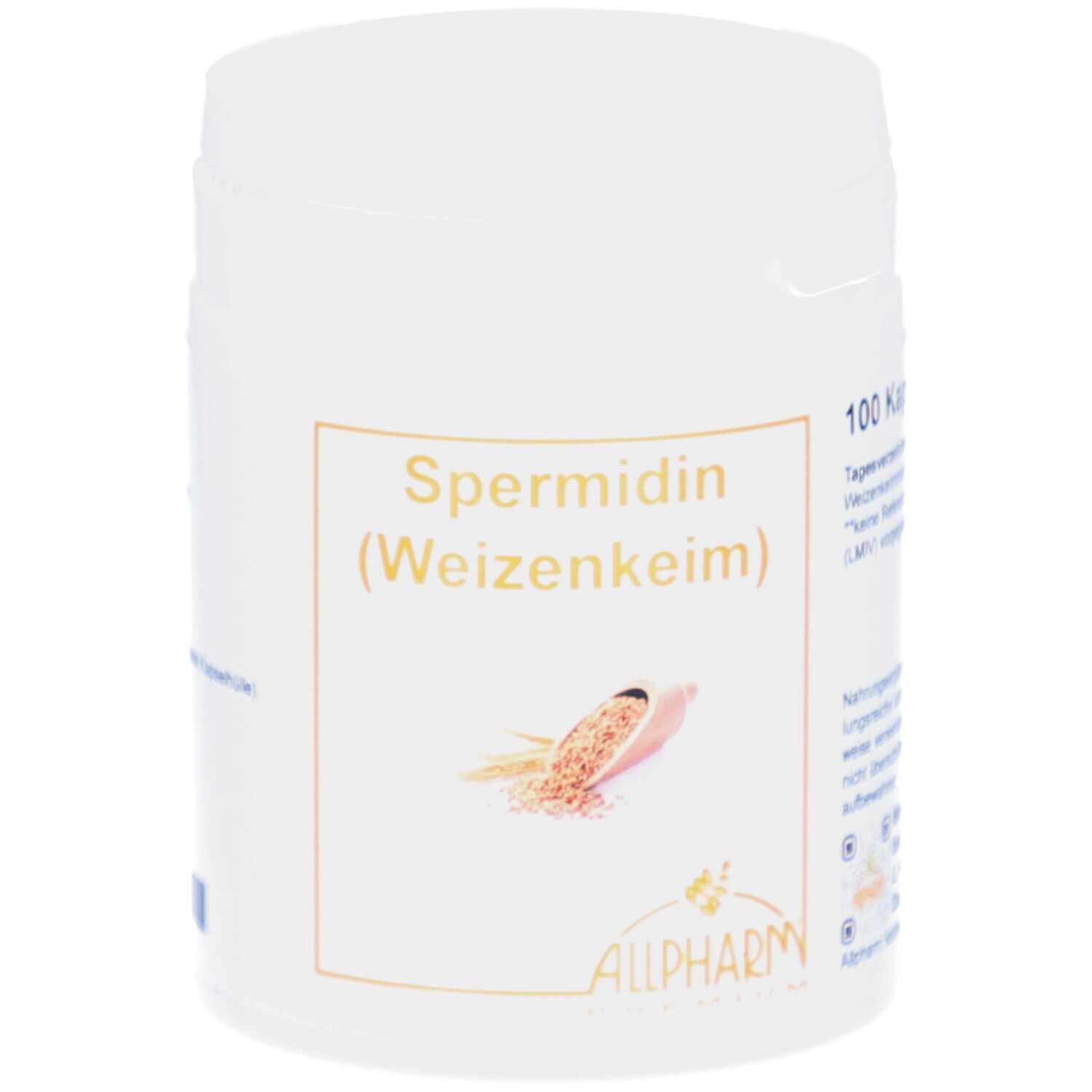 Boîte blanche avec inscription Spermidin (Weizenkeim) et logo Allpharm. Illustration de germes de blé.