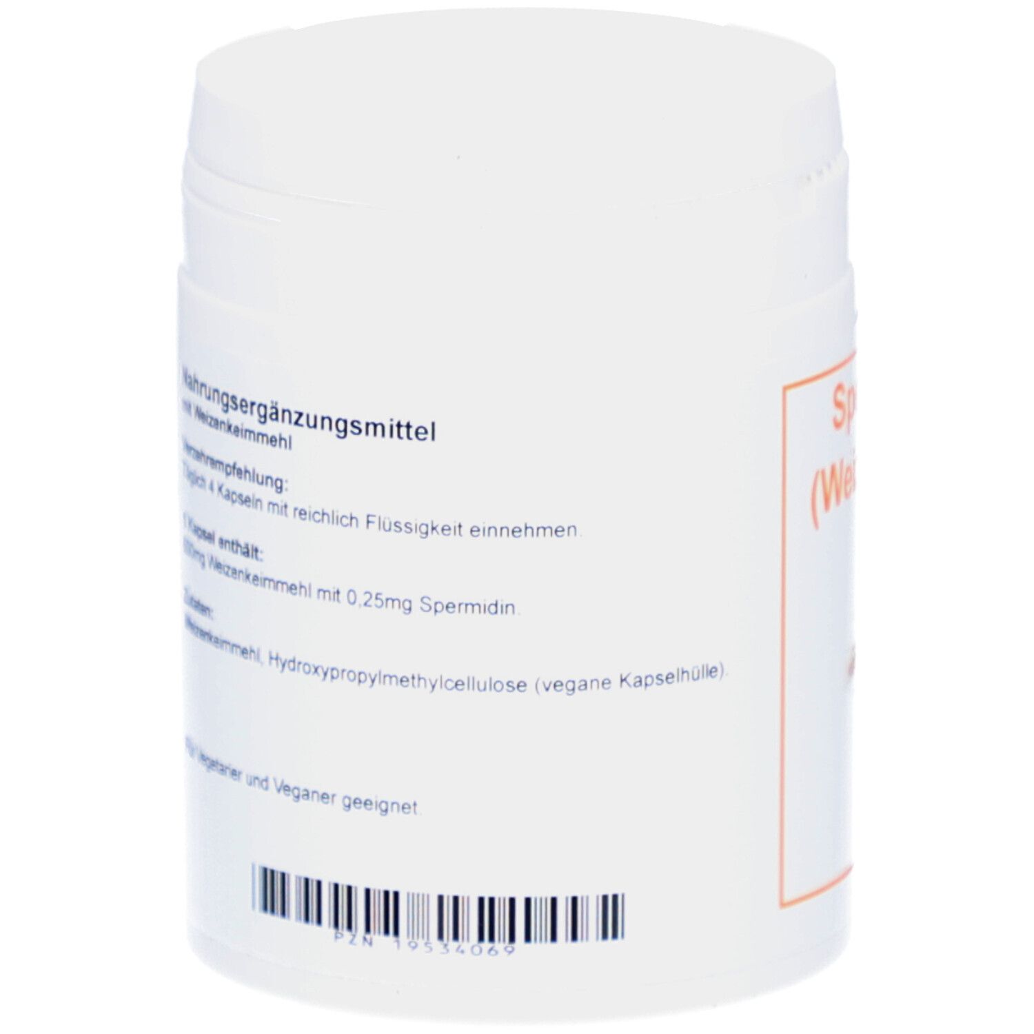 Boîte blanche, dos avec texte. Contient des informations sur les compléments alimentaires et les ingrédients.