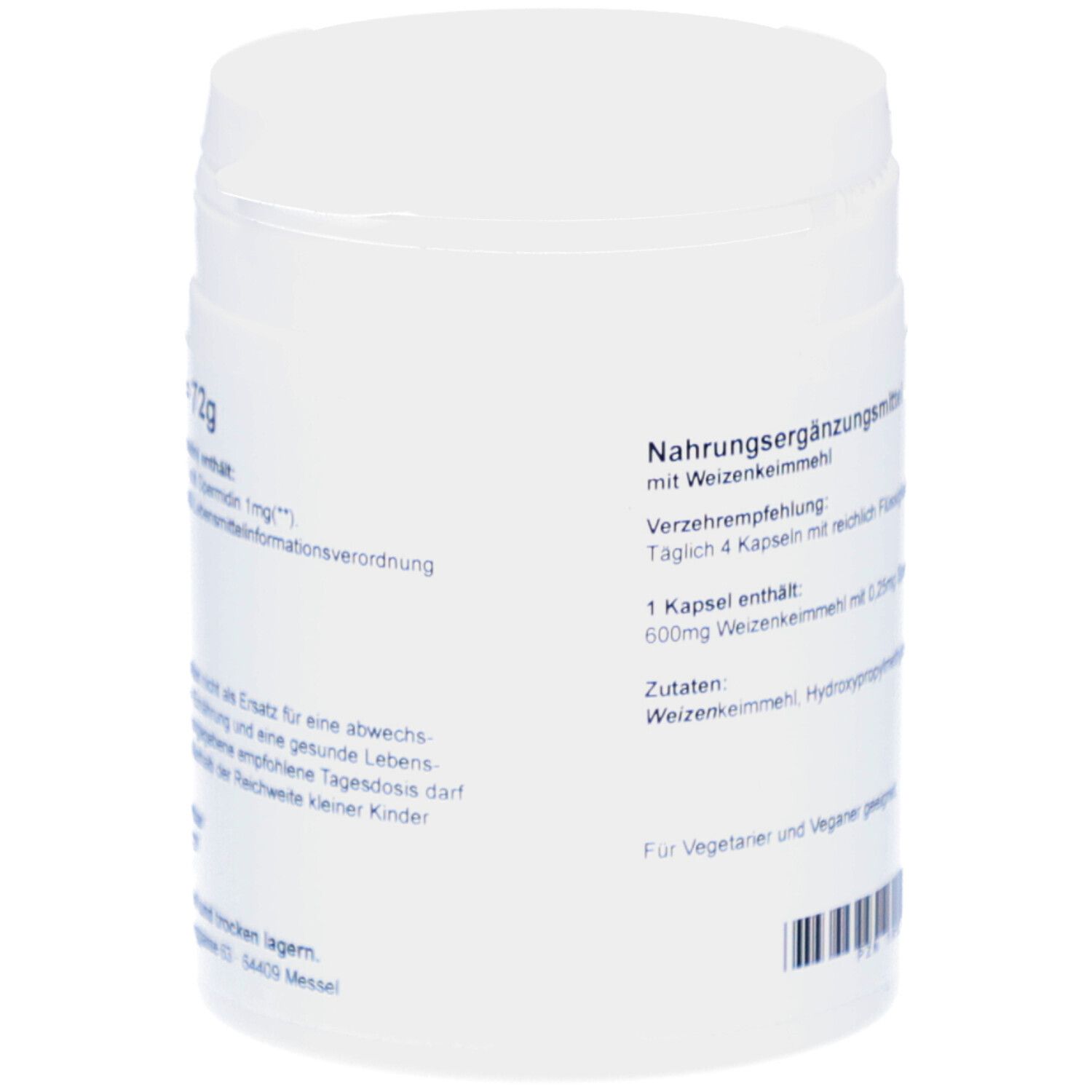 Boîte blanche, dos avec texte. Contient des informations sur les compléments alimentaires et les ingrédients.