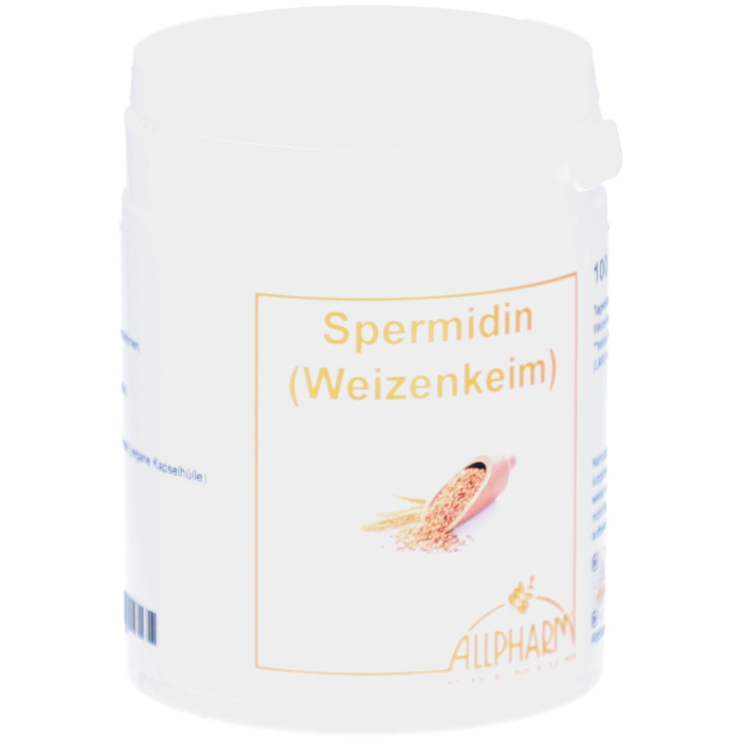 Boîte blanche avec inscription Spermidin (Weizenkeim) et logo Allpharm. Illustration de germes de blé.