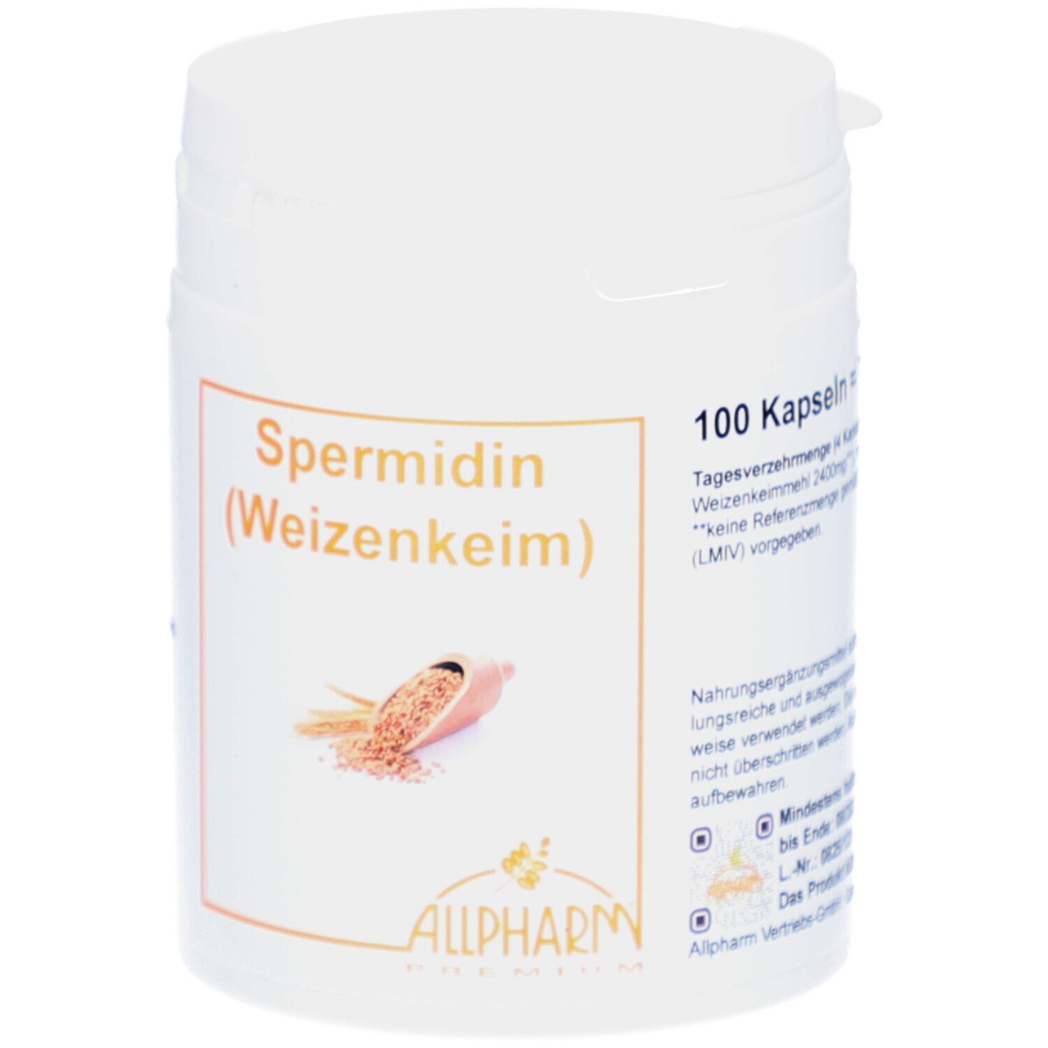 Boîte blanche avec inscription Spermidin (Weizenkeim) et logo Allpharm. 100 gélules. Illustration de germes de blé.