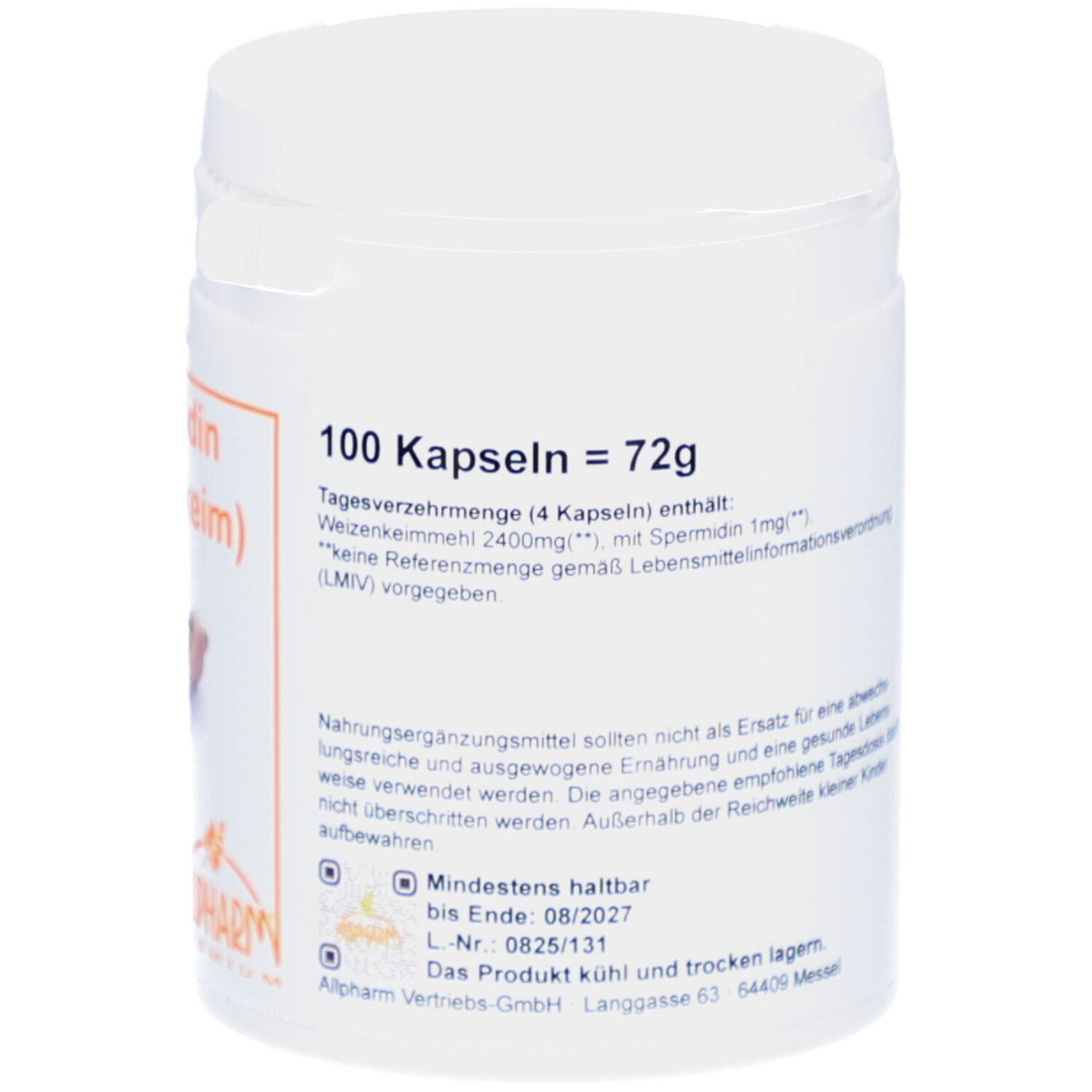 Boîte blanche, dos avec texte. Contient des informations sur les compléments alimentaires, les ingrédients et la durabilité.