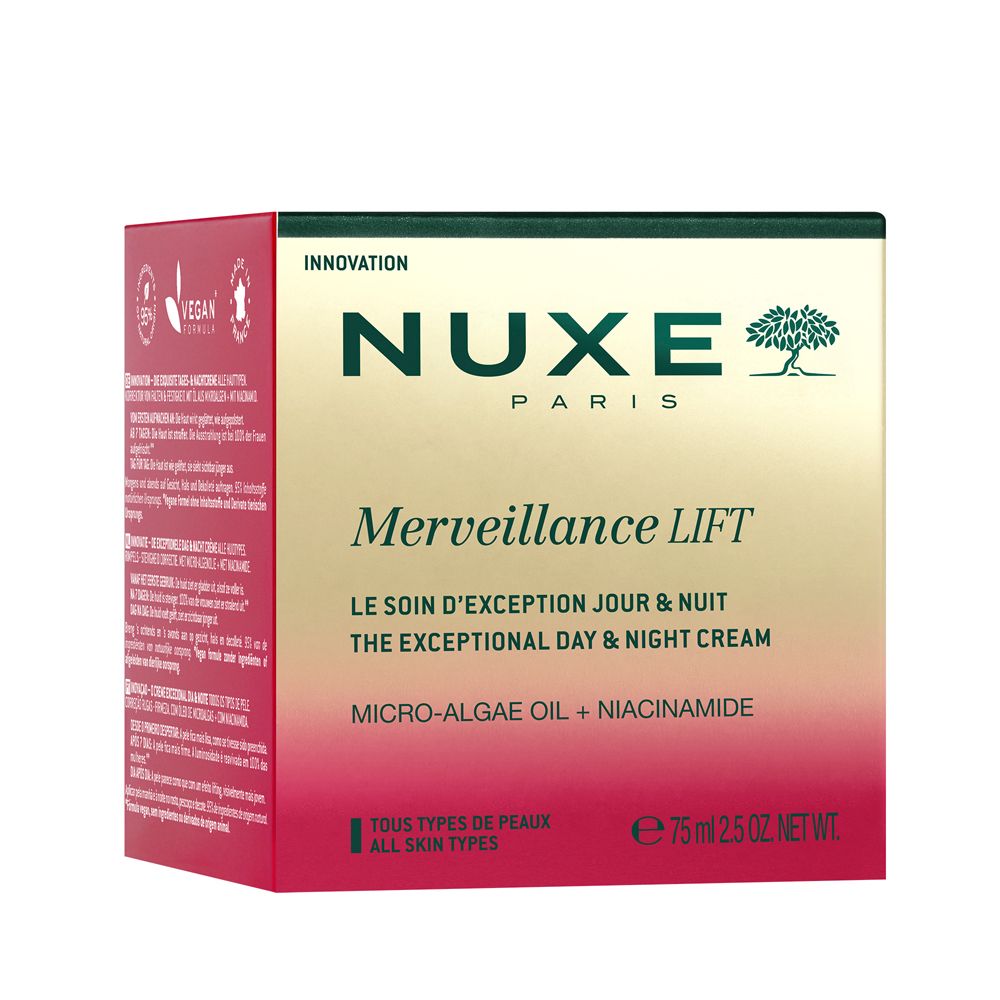 Emballage avec dégradé rose et blanc. Inscription : NUXE, Merveillance Lift, 75 ml, vegan.