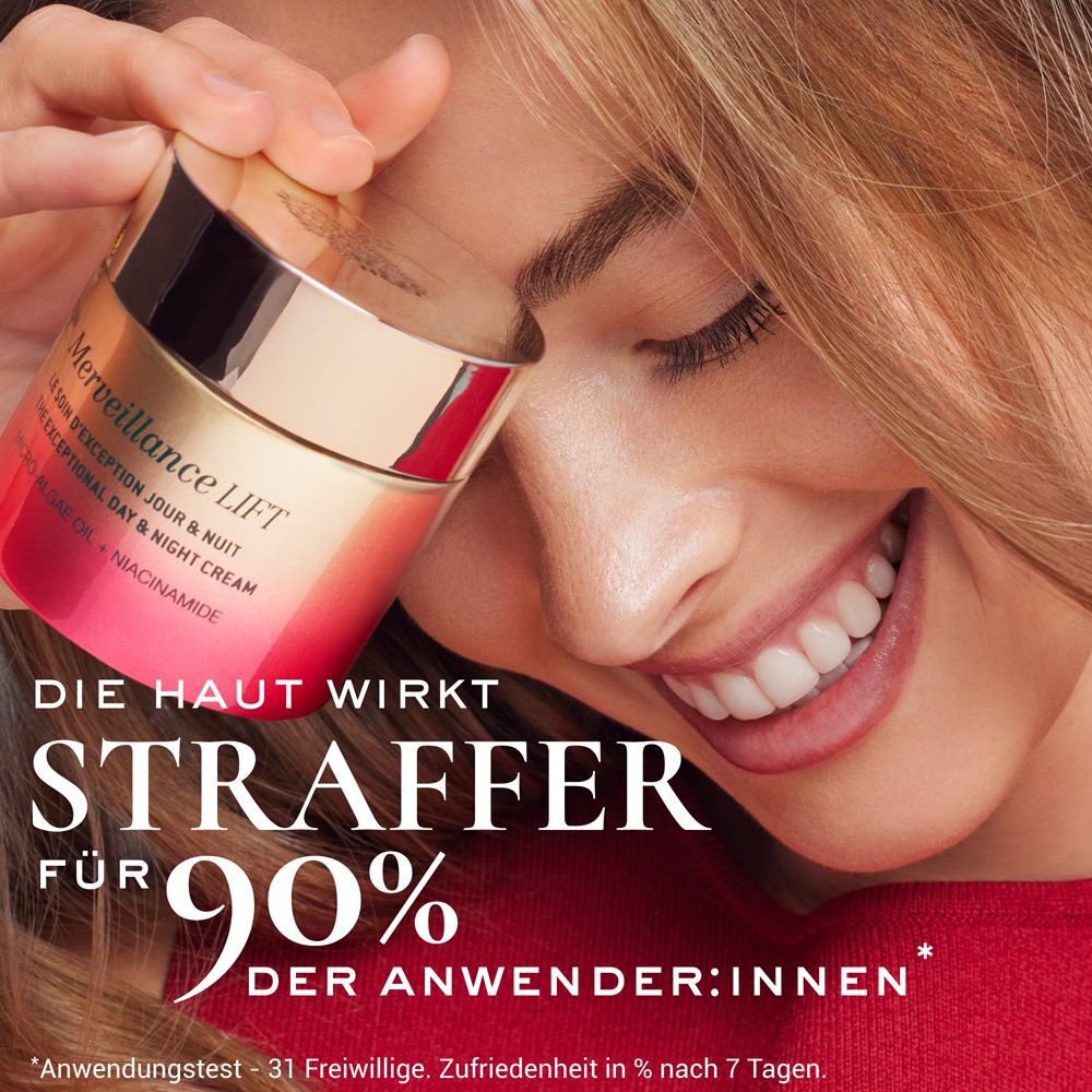 Femme tenant un pot de crème. Inscription : Merveillance Lift. Texte : La peau paraît plus ferme pour 90 % des utilisatrices.