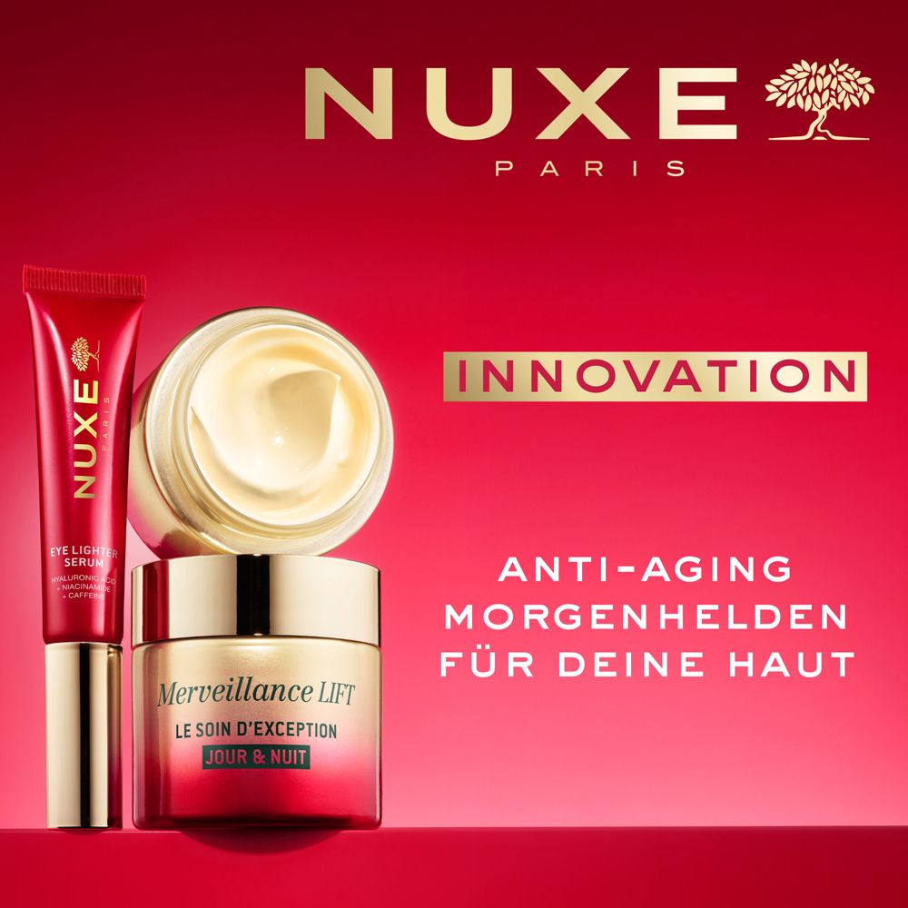Trois produits sur fond rouge. Inscription : NUXE, Eye Lift Serum, crème Merveillance Lift.