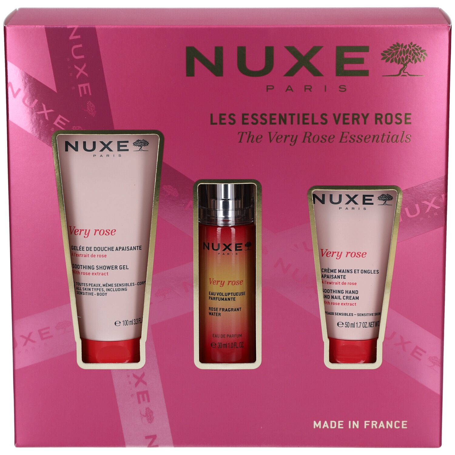Rosa Geschenkbox mit drei Produkten. NUXE-Logo und "Les Essentiels Very Rose" Schriftzug. Produkte sichtbar.