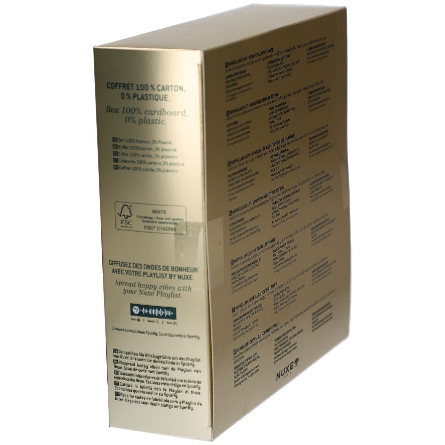 Geschenkbox-Ecke. Goldfarben mit Text und QR-Code. Informationen über Nachhaltigkeit und Recycling.