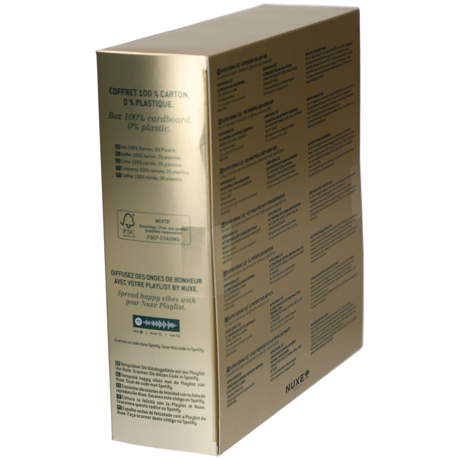 Goldfarbene Geschenkbox mit FSC-Zertifizierung und Text. NUXE-Logo und Spotify-Code.