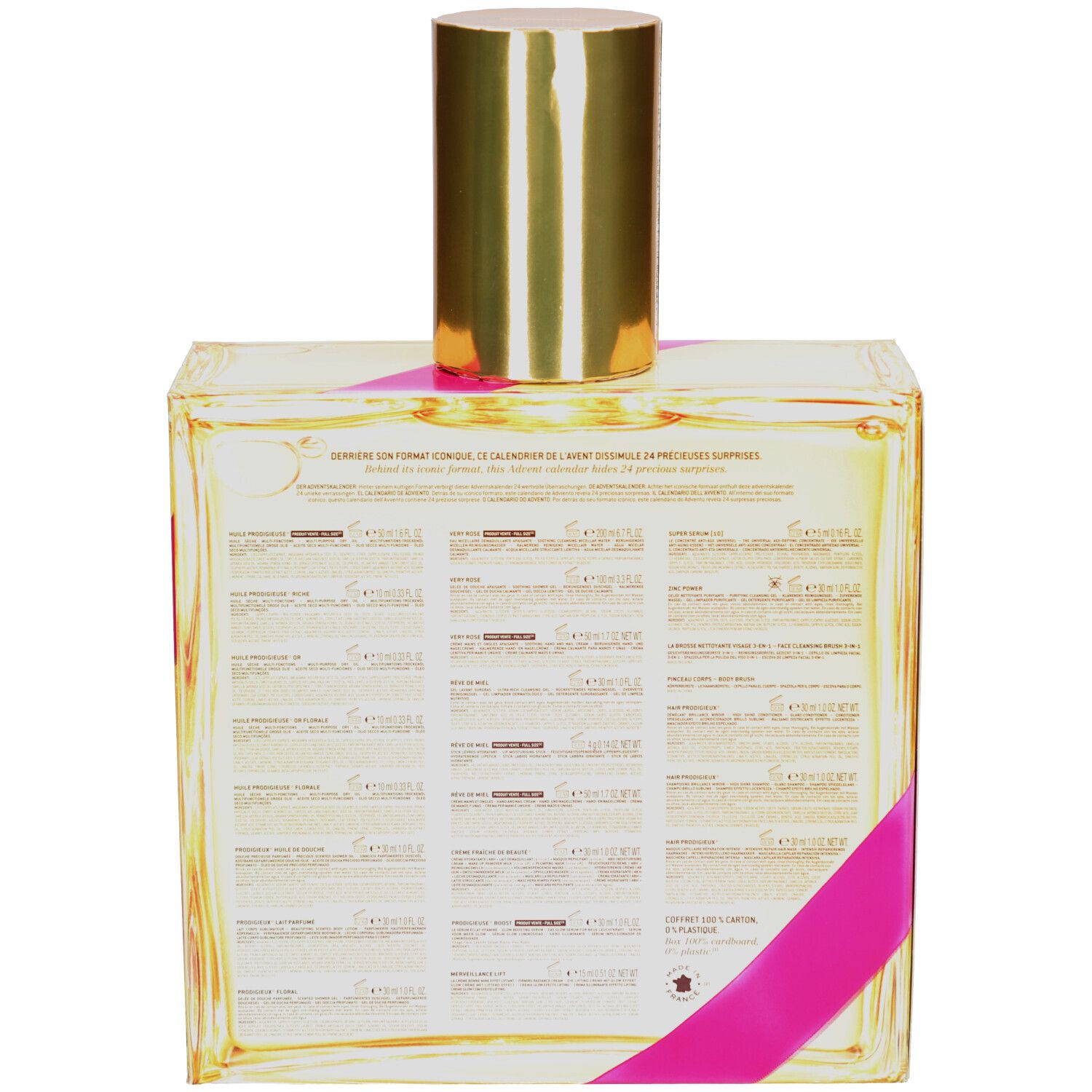 Rückseite des quadratischen Glasbehälters mit goldfarbenem Deckel und rosa Band. Mehrere Textfelder.