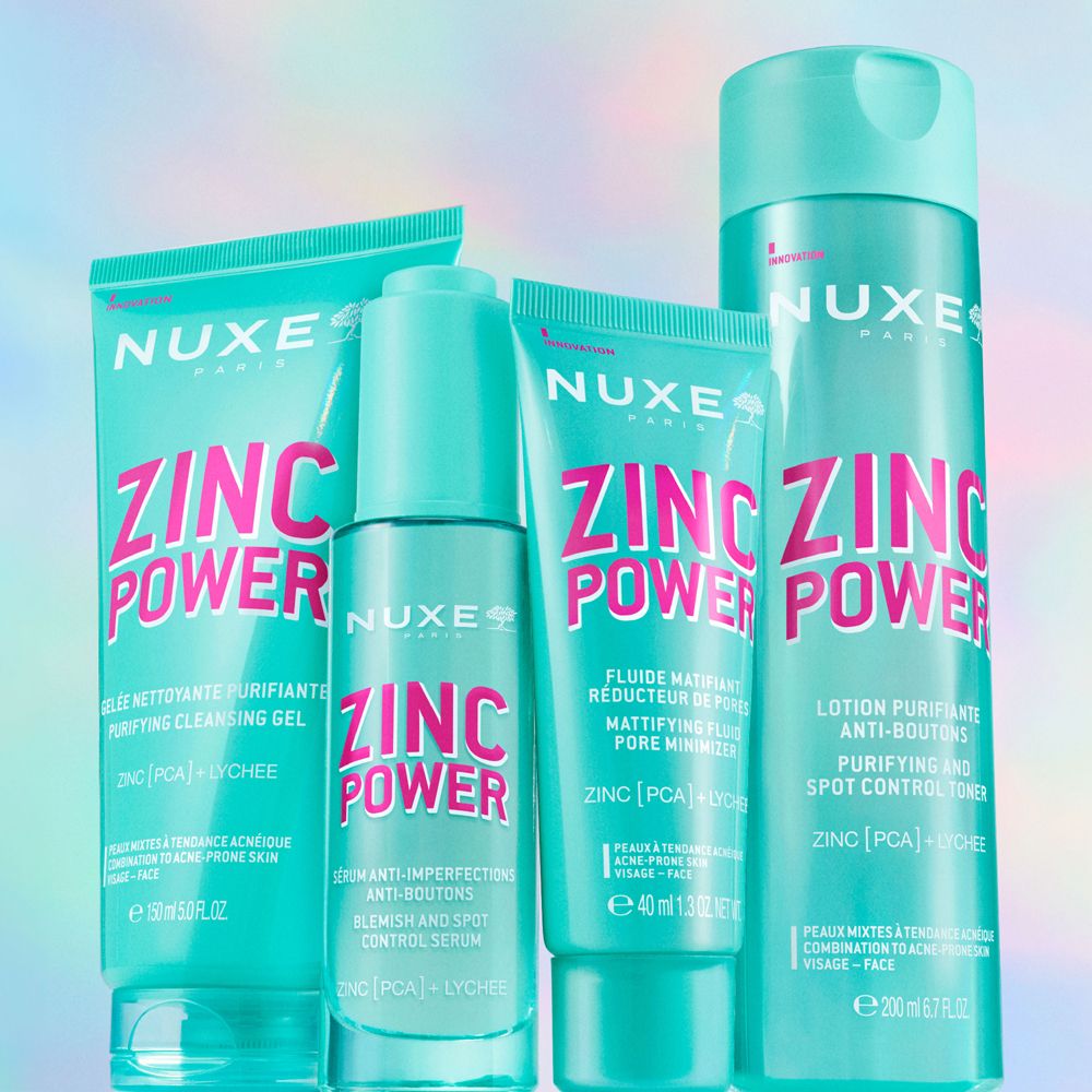 Quatre produits NUXE ZINC POWER. Gel nettoyant, sérum, fluide matifiant et tonique. Emballage turquoise.