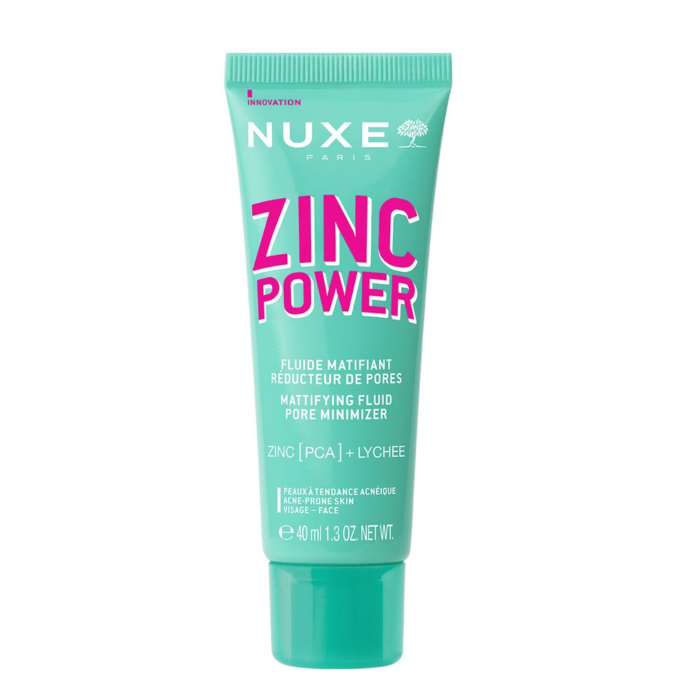 Tube turquoise avec logo NUXE et inscription ZINC POWER. Contient un fluide matifiant réducteur de pores.