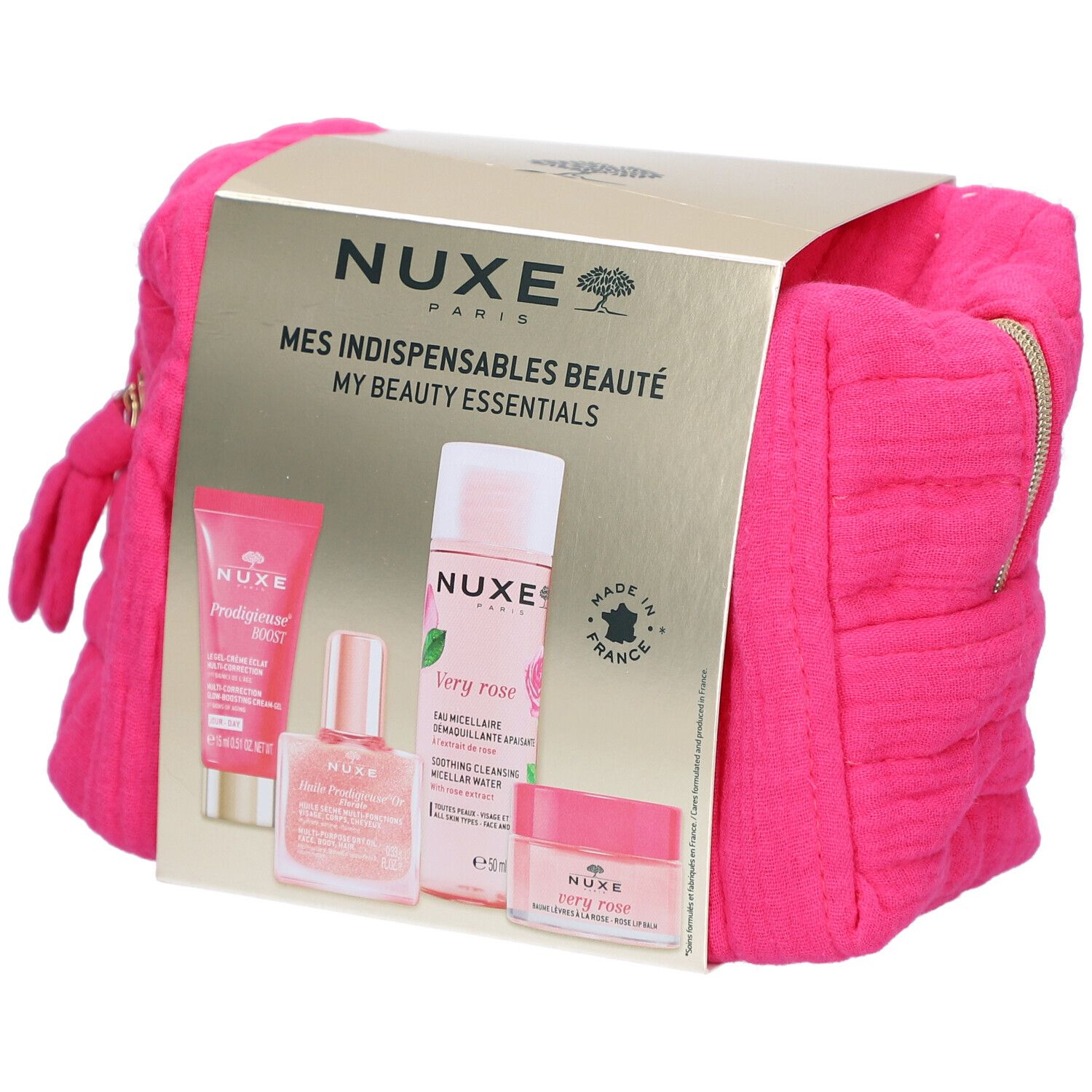Pinkfarbene Kosmetiktasche mit NUXE-Produkten. Goldfarbene Verpackung mit Schriftzug. Produkte: Creme, Serum, Mizellenwasser.